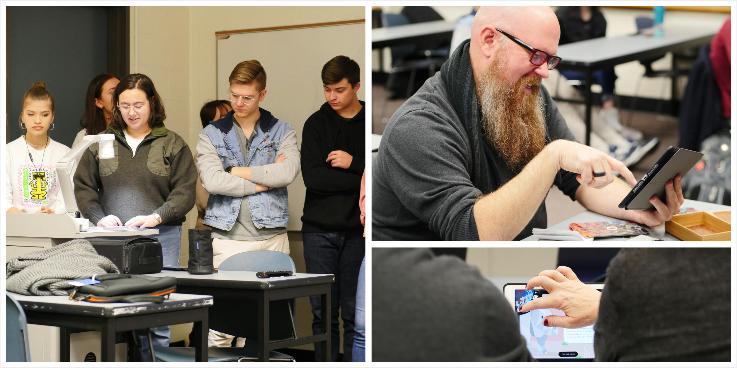 A grid of photos including students presenting, and reviewers looking through an iPad prototype.