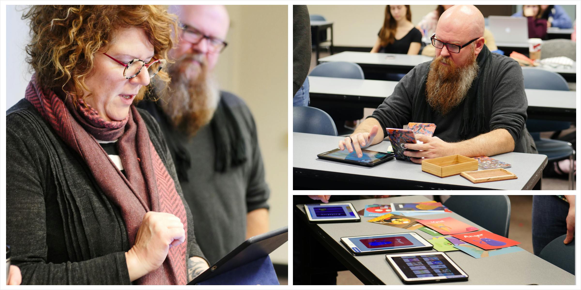 a grid of photos. A reviewer looking at an iPad. Another reviewer looking at an ipad and holding cards. cards and iPads on a table.