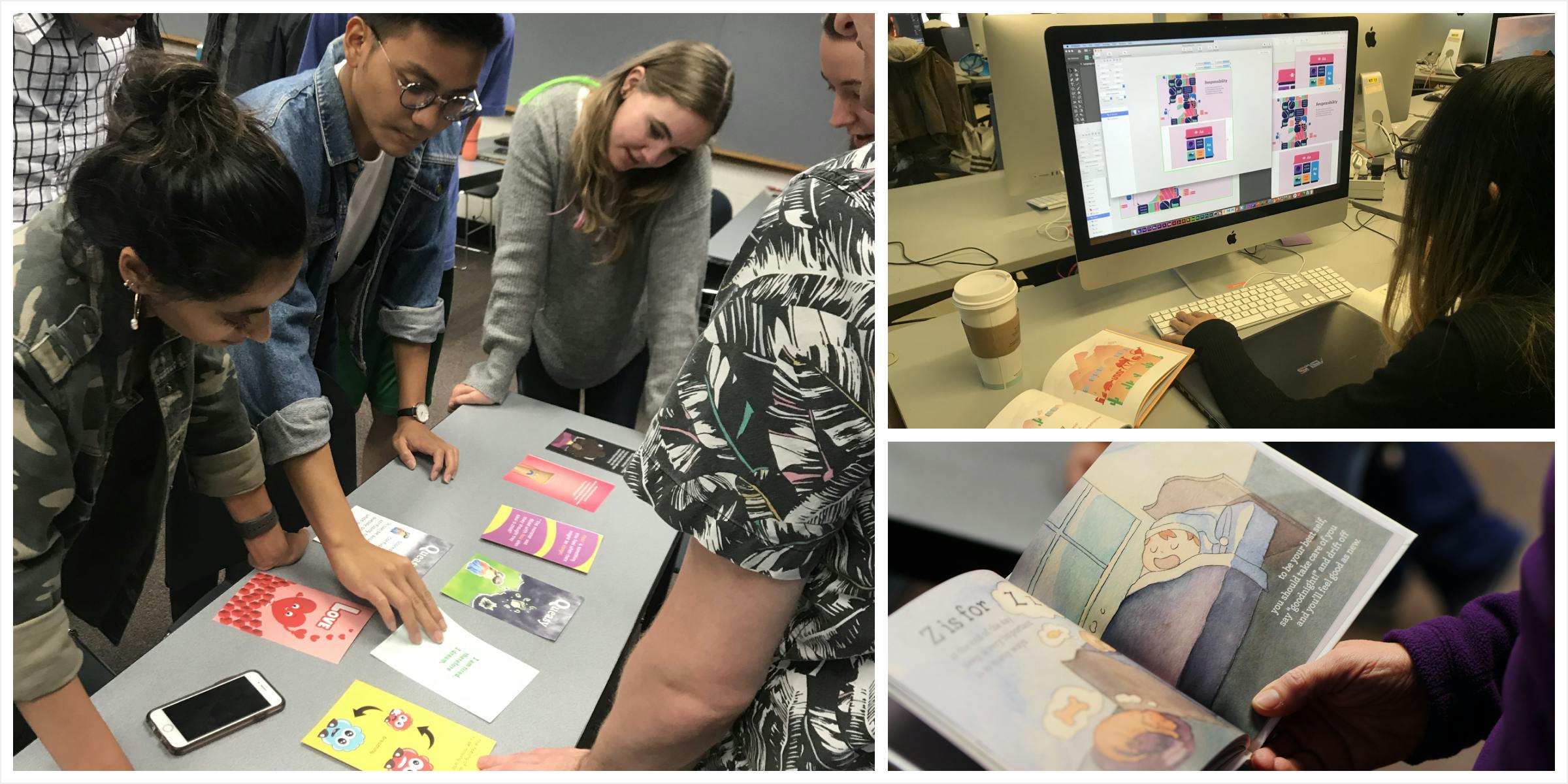 Students reviewing their designs on a table