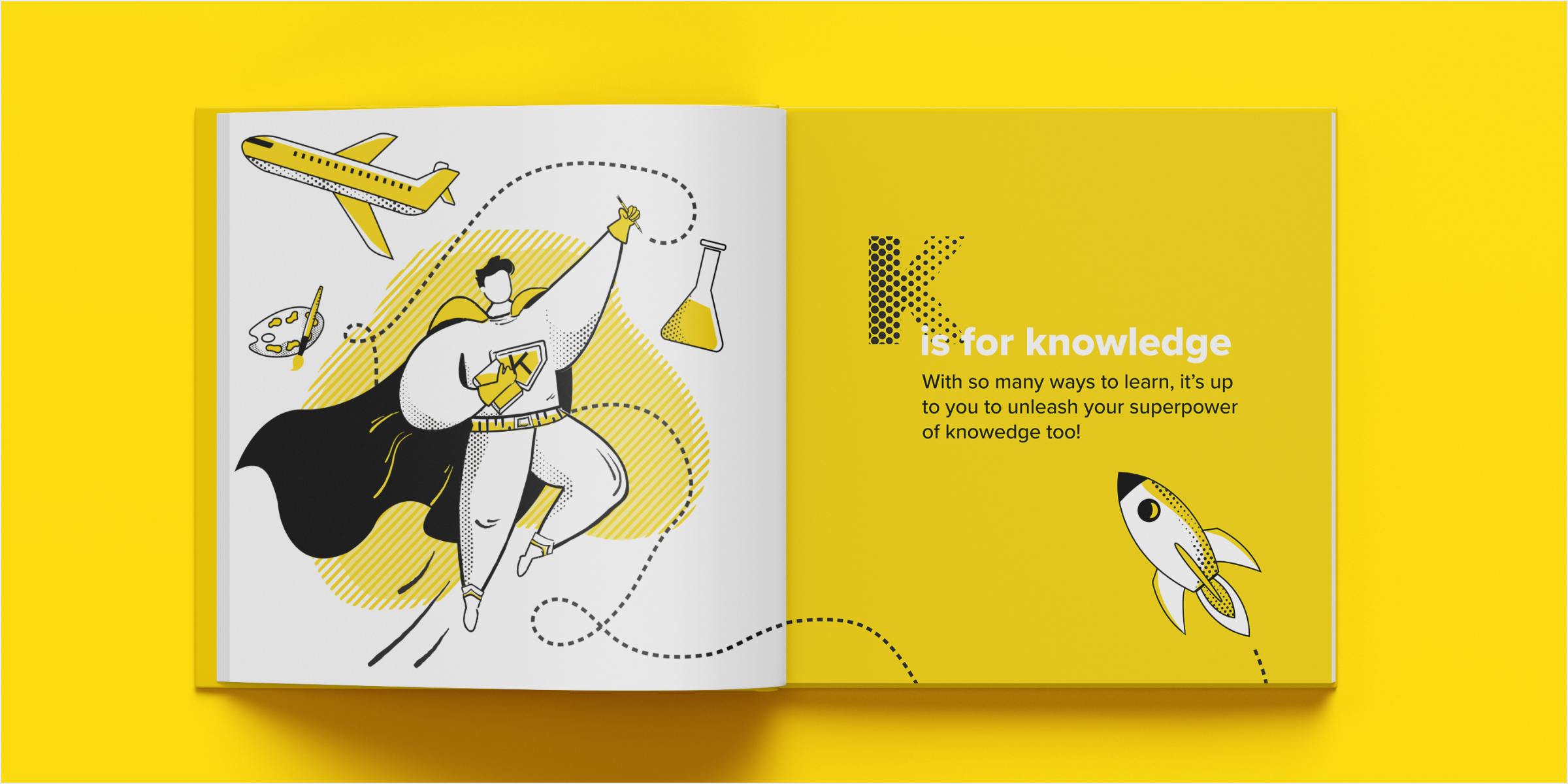 Mockup of knowledge spread in a book. An illustrated superhero figure in motion holding a book and pencil surrounded by a plane, science beaker, artists palette, and a rocketship that continues onto the right page.