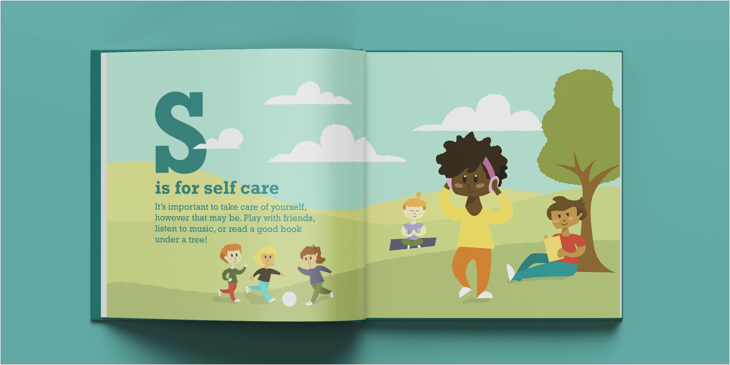 Mockup of self-care spread in a book. A group and several individual characters participating in self-care activities in an outdoor hill setting.