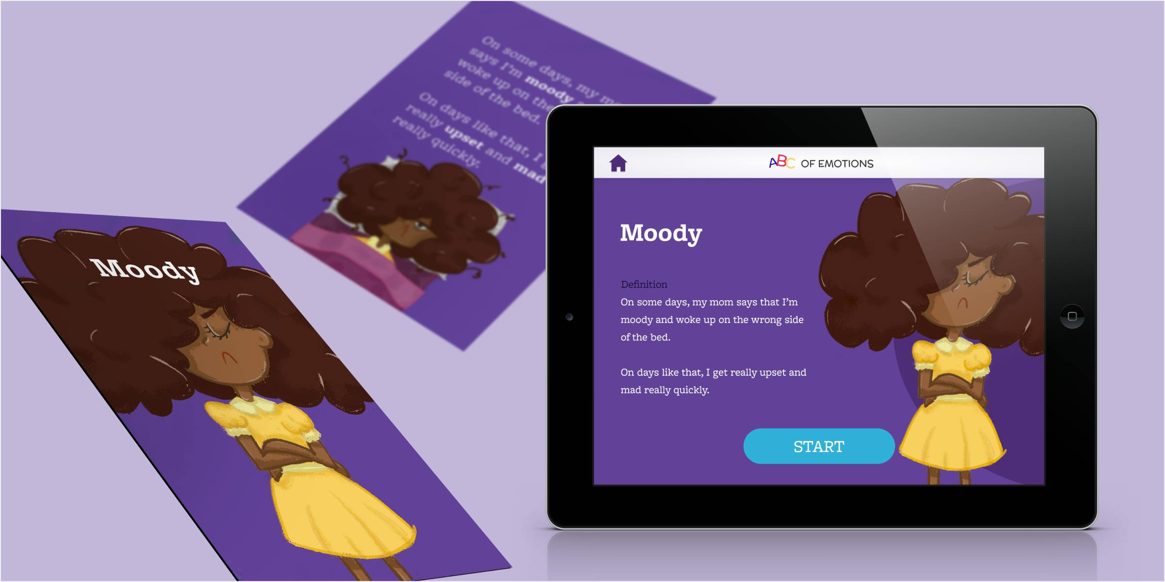 Mockup of the front and back of the card designed for Moody and an iPad with the first page of the interaction displayed