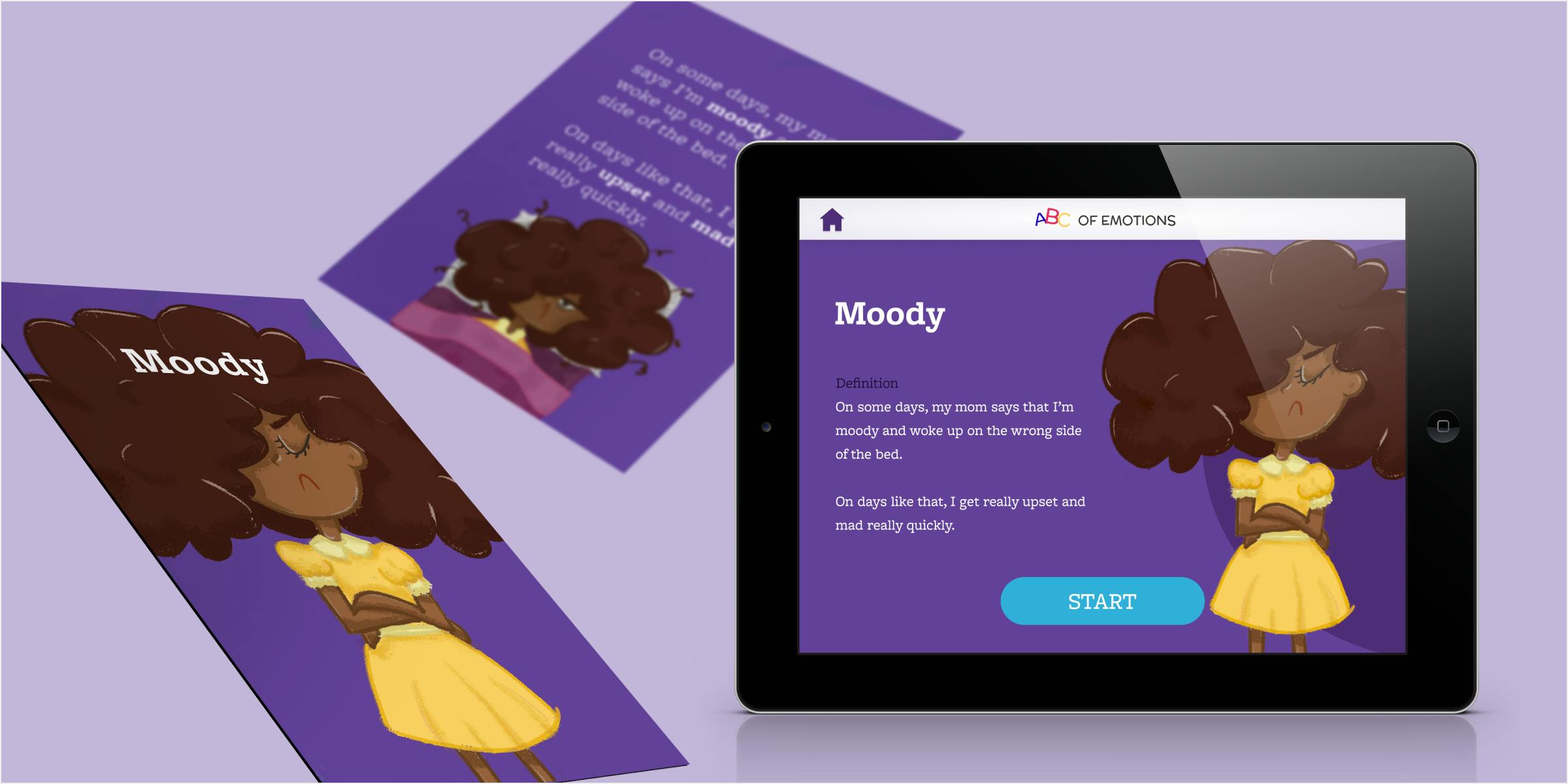 Mockup of the front and back of the card designed for Moody and an iPad with the first page of the interaction displayed Mockup of the front and back of the card designed for Moody and an iPad with the first page of the interaction displayed