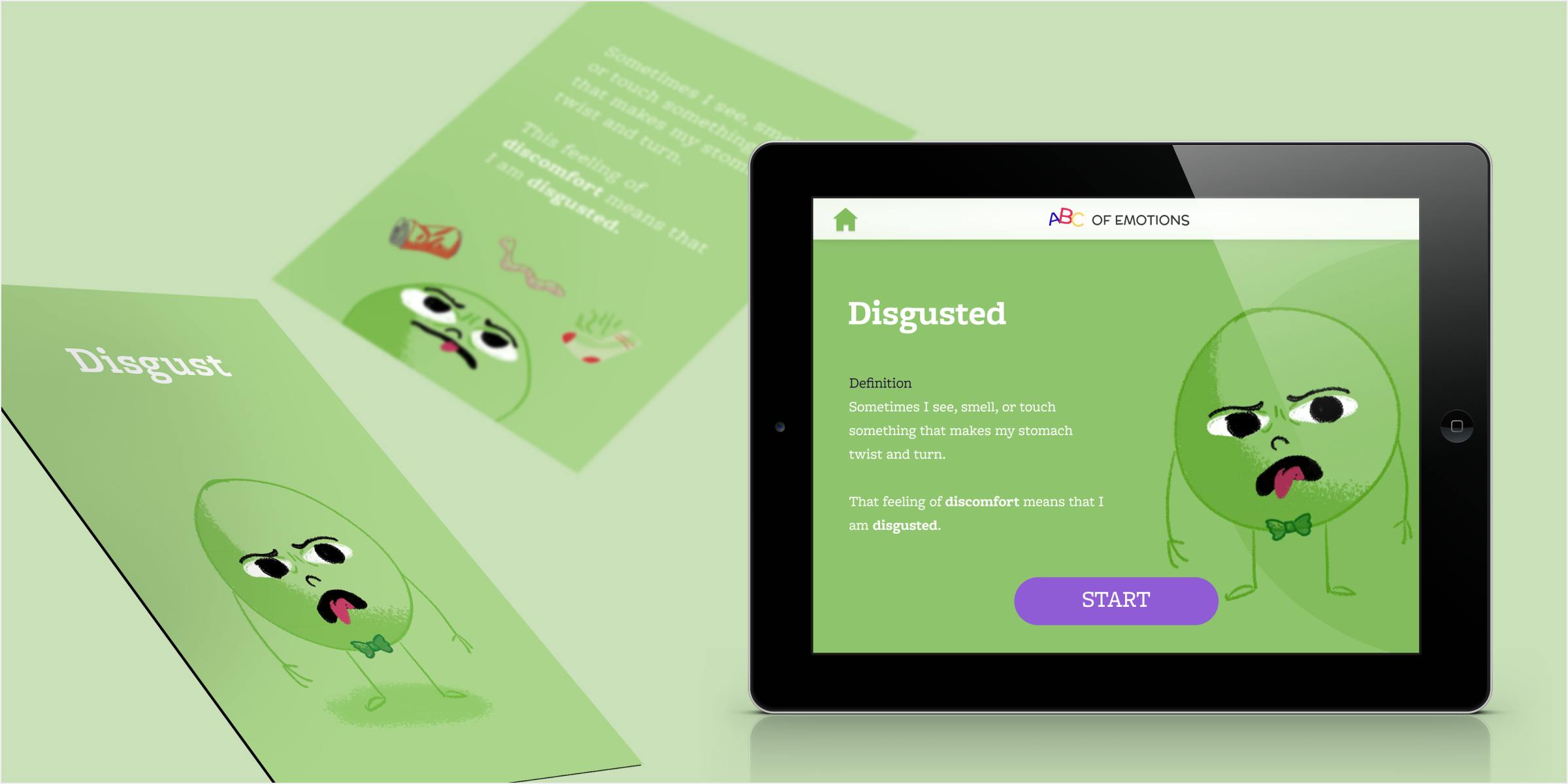 Mockup of the front and back of the card designed for Disgust and an iPad with the first page of the interaction displayed