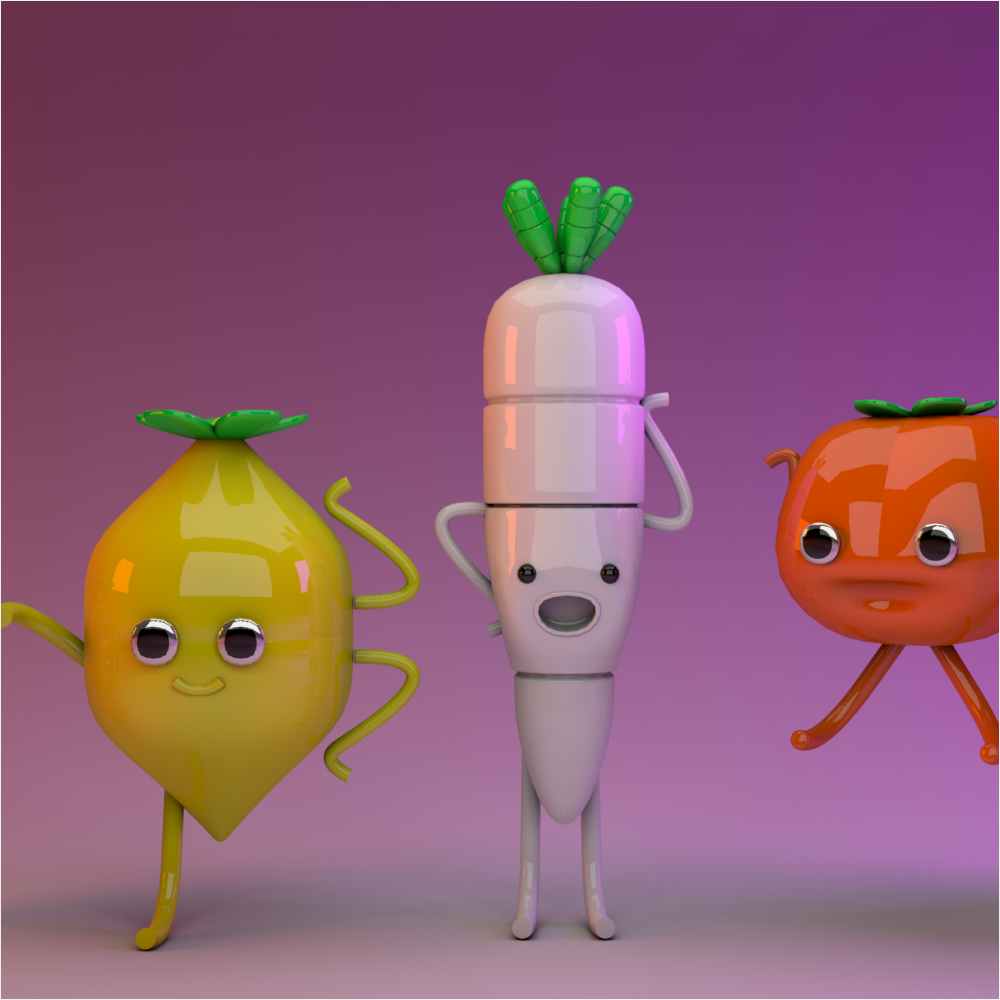 Final renders of vegetables in Cinema4D.