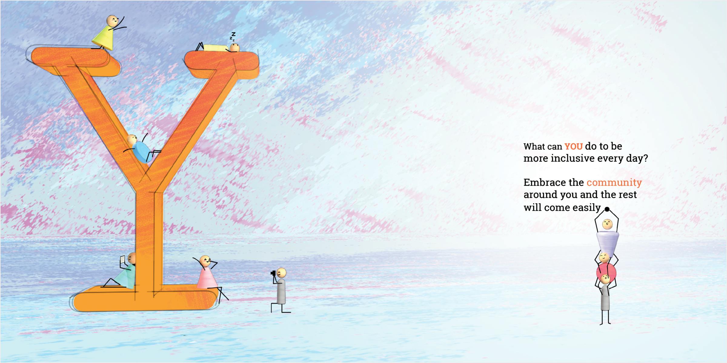 You spread, full-size image of multiple characters in a community all hanging around a big letter Y. You spread, full-size image of multiple characters in a community all hanging around a big letter Y.