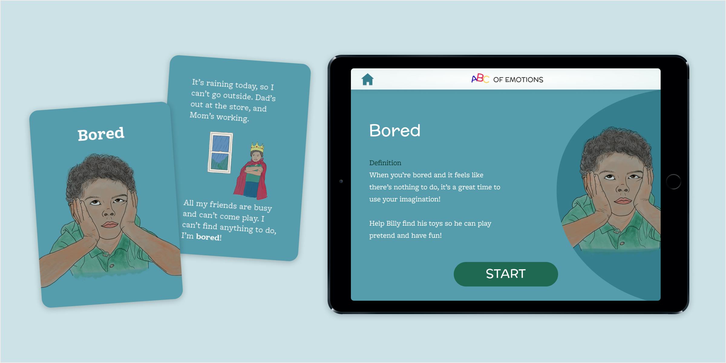 Mockup of front and back of 'Bored' card. A young boy looks boredwith his hands holding his head up. He is then shown playing pretend in his living room wearing a crown and a red cape. Mockup of front and back of 'Bored' card. A young boy looks boredwith his hands holding his head up. He is then shown playing pretend in his living room wearing a crown and a red cape.