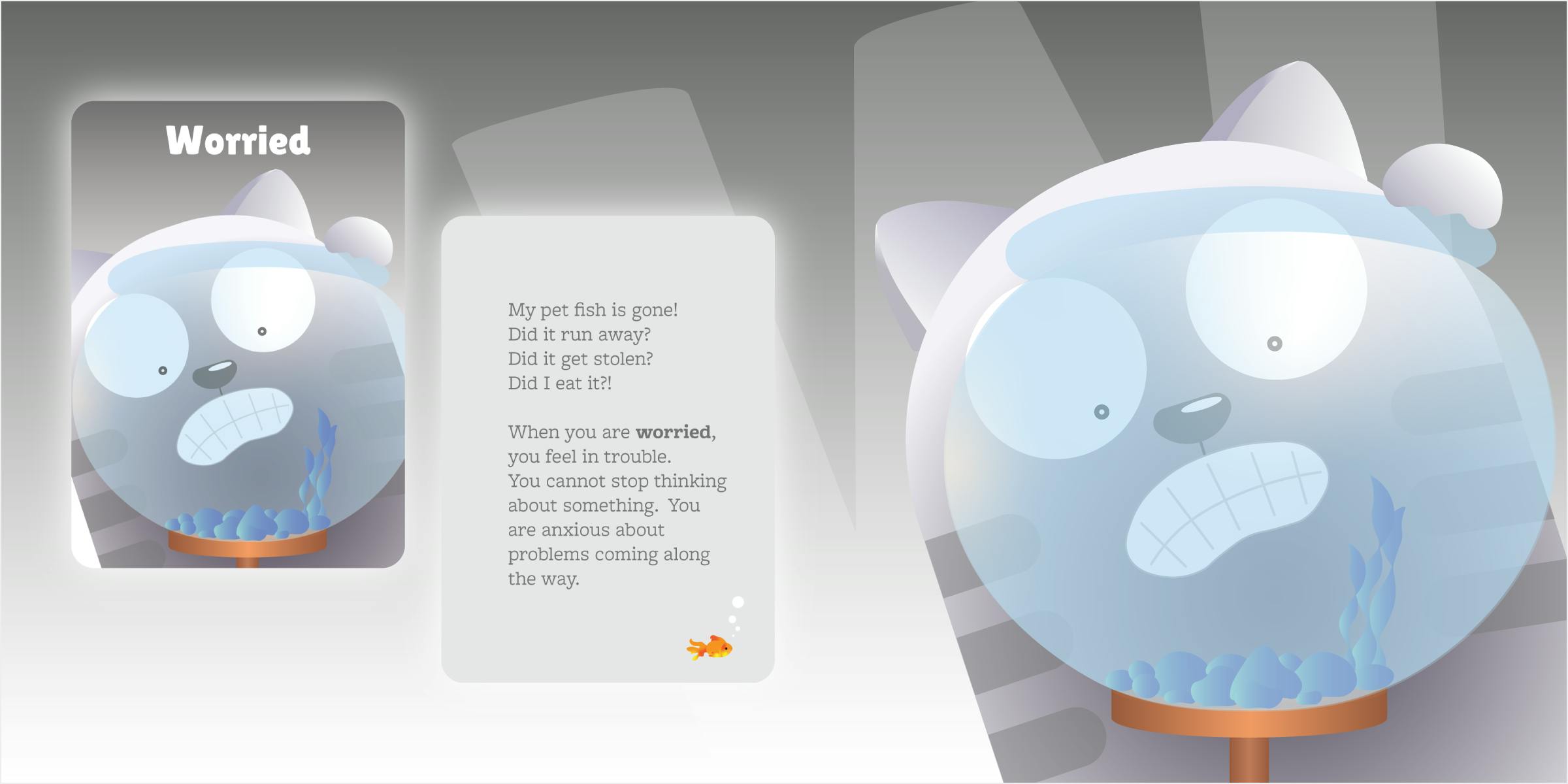 Front and back of the card with the theme. An anxious cat looking into his almost empty fishbowl. Front and back of the card with the theme. An anxious cat looking into his almost empty fishbowl.