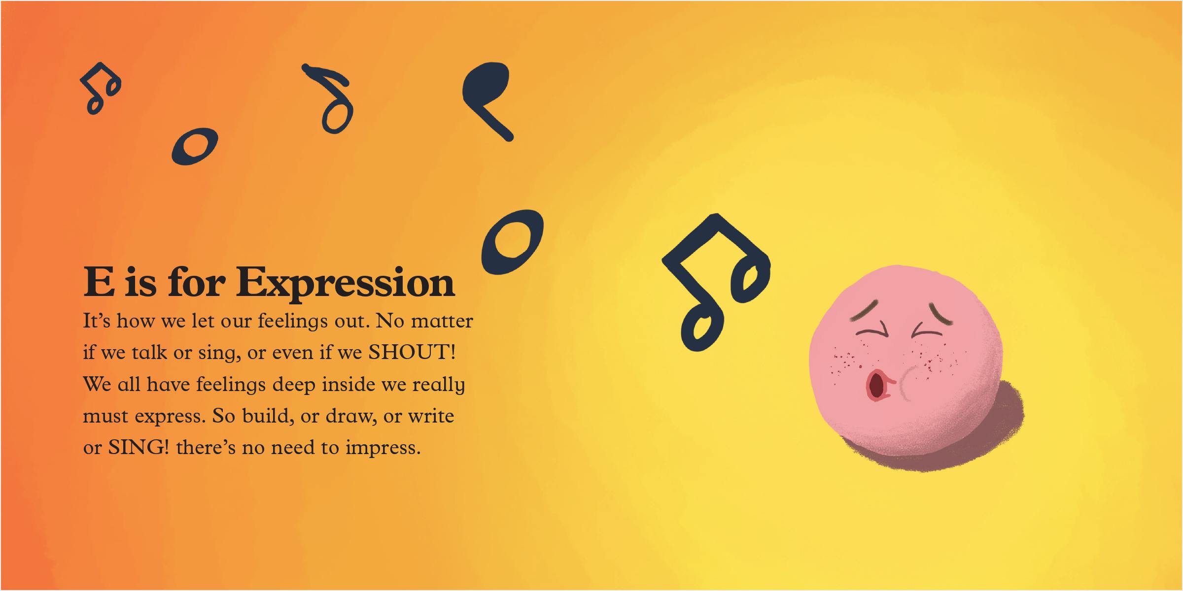 Full spread of expression: a sphere whistling a happy tune, an expression of pure joy.