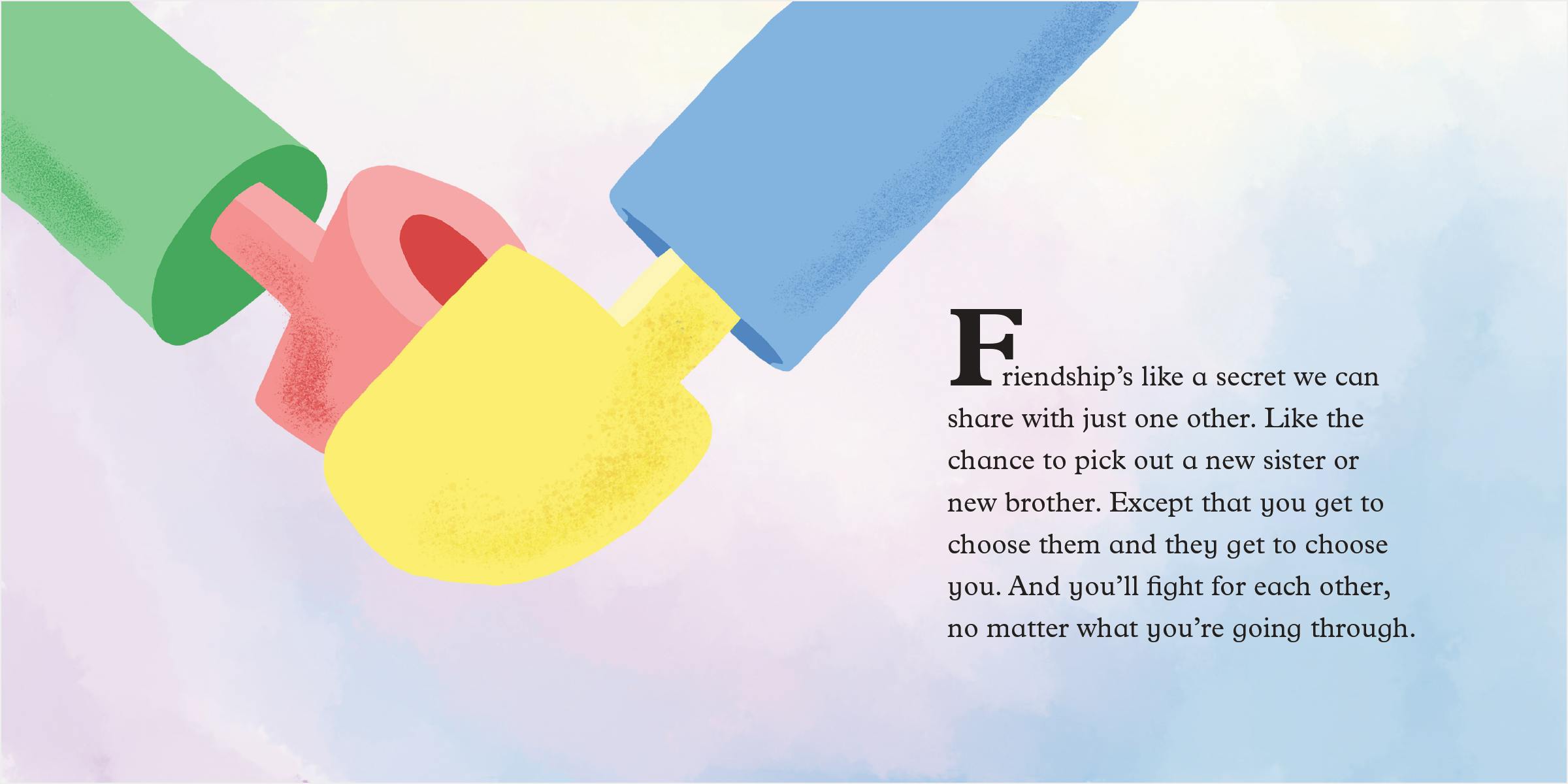 Full spread of friendship: an image of two different colored hands, holding hands.