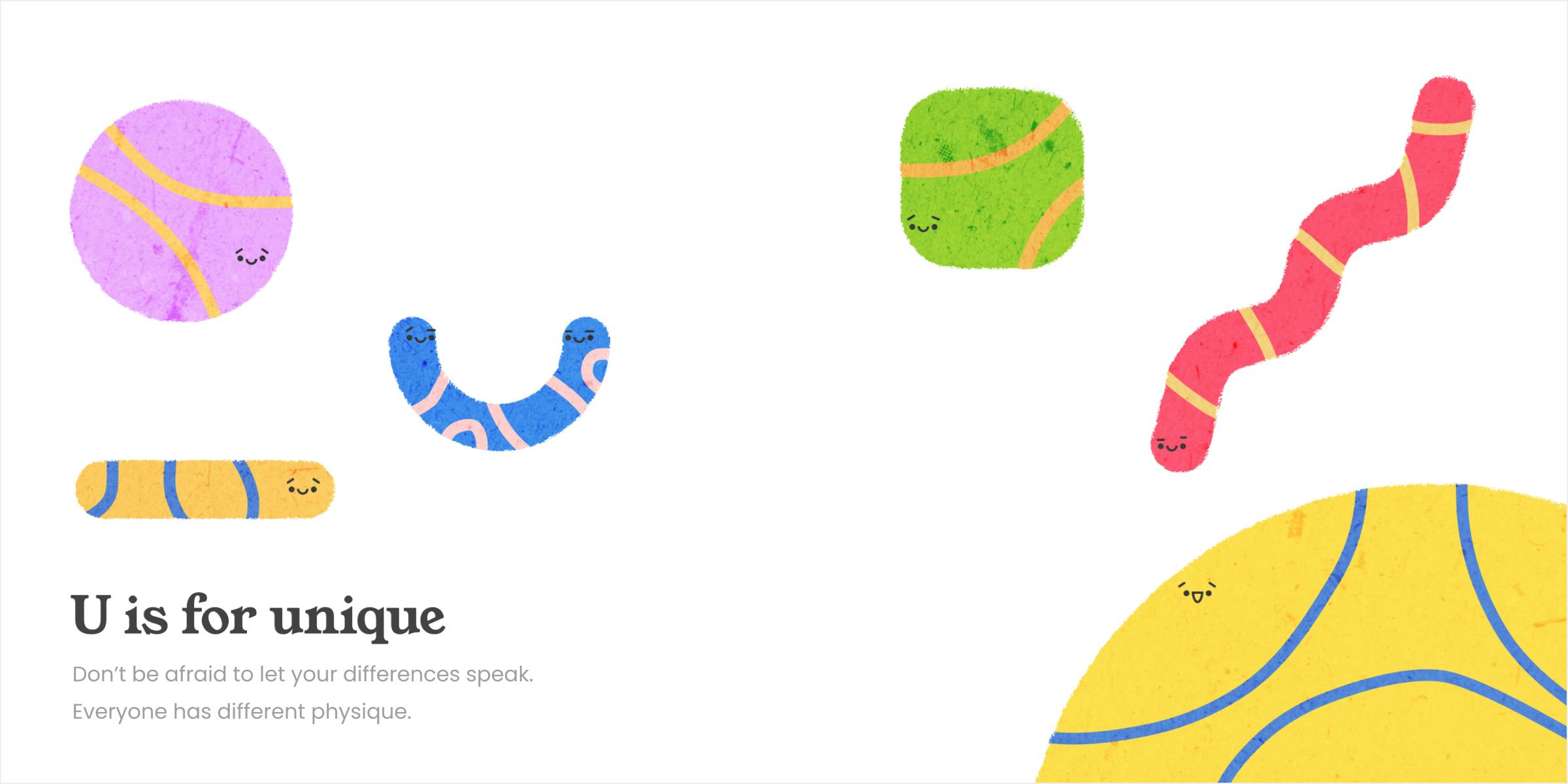 Image of 5 happy characters. All characters are different in shape, color, and size. Image of 5 happy characters. All characters are different in shape, color, and size.