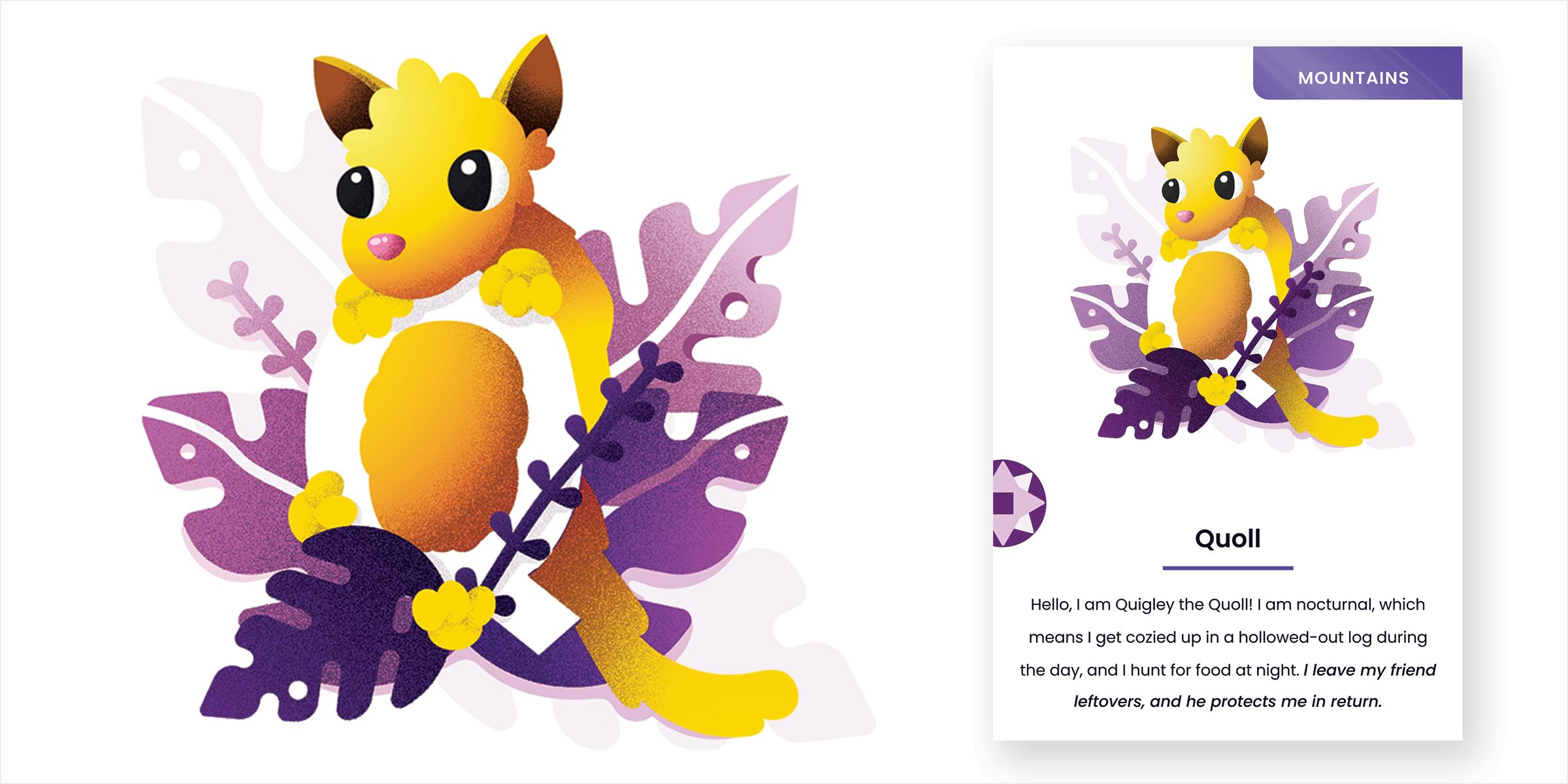 Mockup of letter Q quoll card. A quoll rests its head on the top of the Q while the rest of its body is wrapped between the letter. It is cradled in purple foliage.