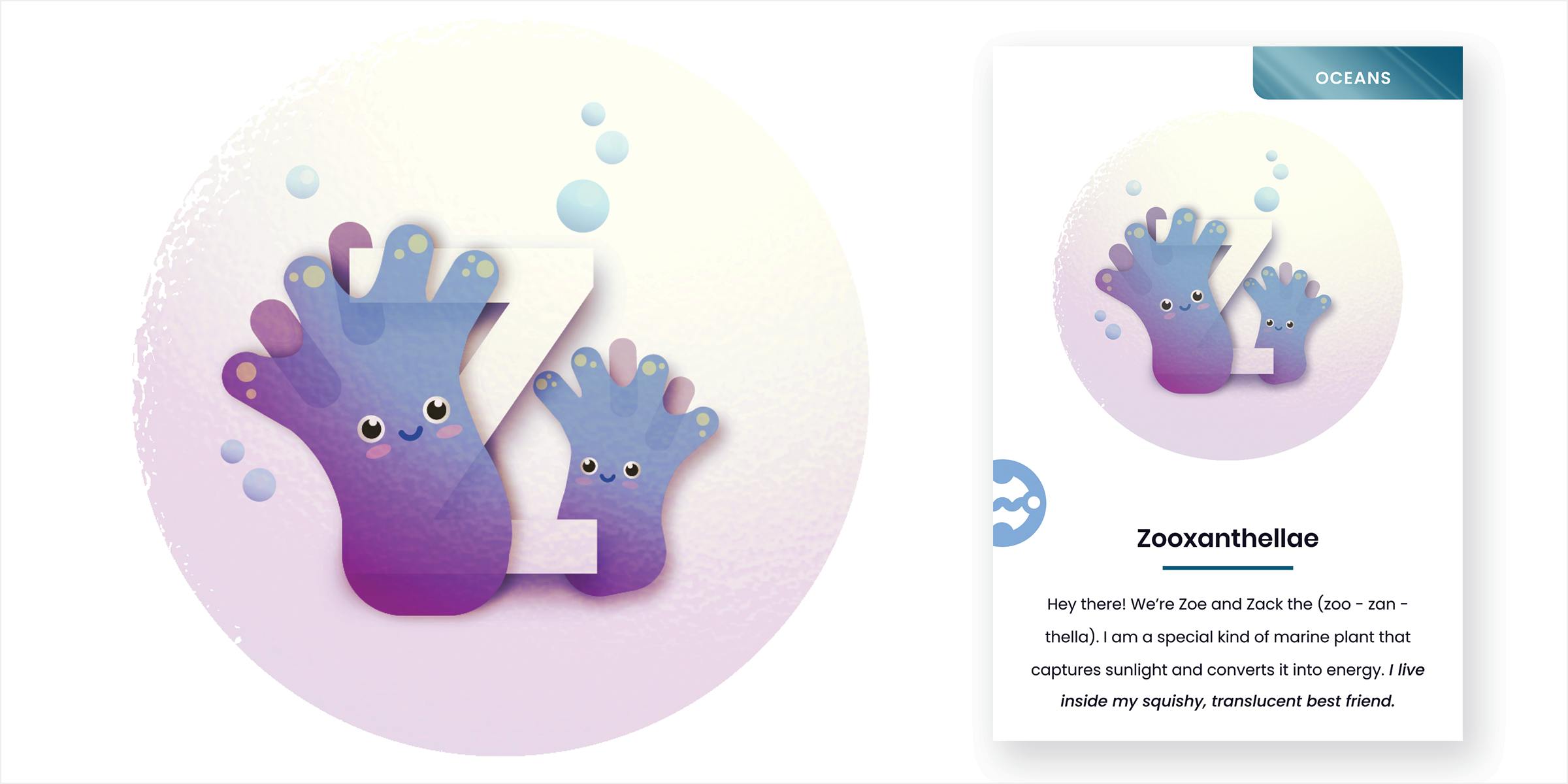 Mockup of letter Z zooxanthellae card. Two zooxanthellae are positioned on either side of the letter Z, entrapped in a giant floating bubble.