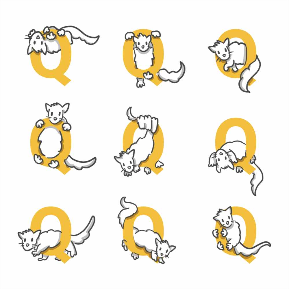 A grid of Qs with quolls sketched in various positions on or around the letter A grid of Qs with quolls sketched in various positions on or around the letter