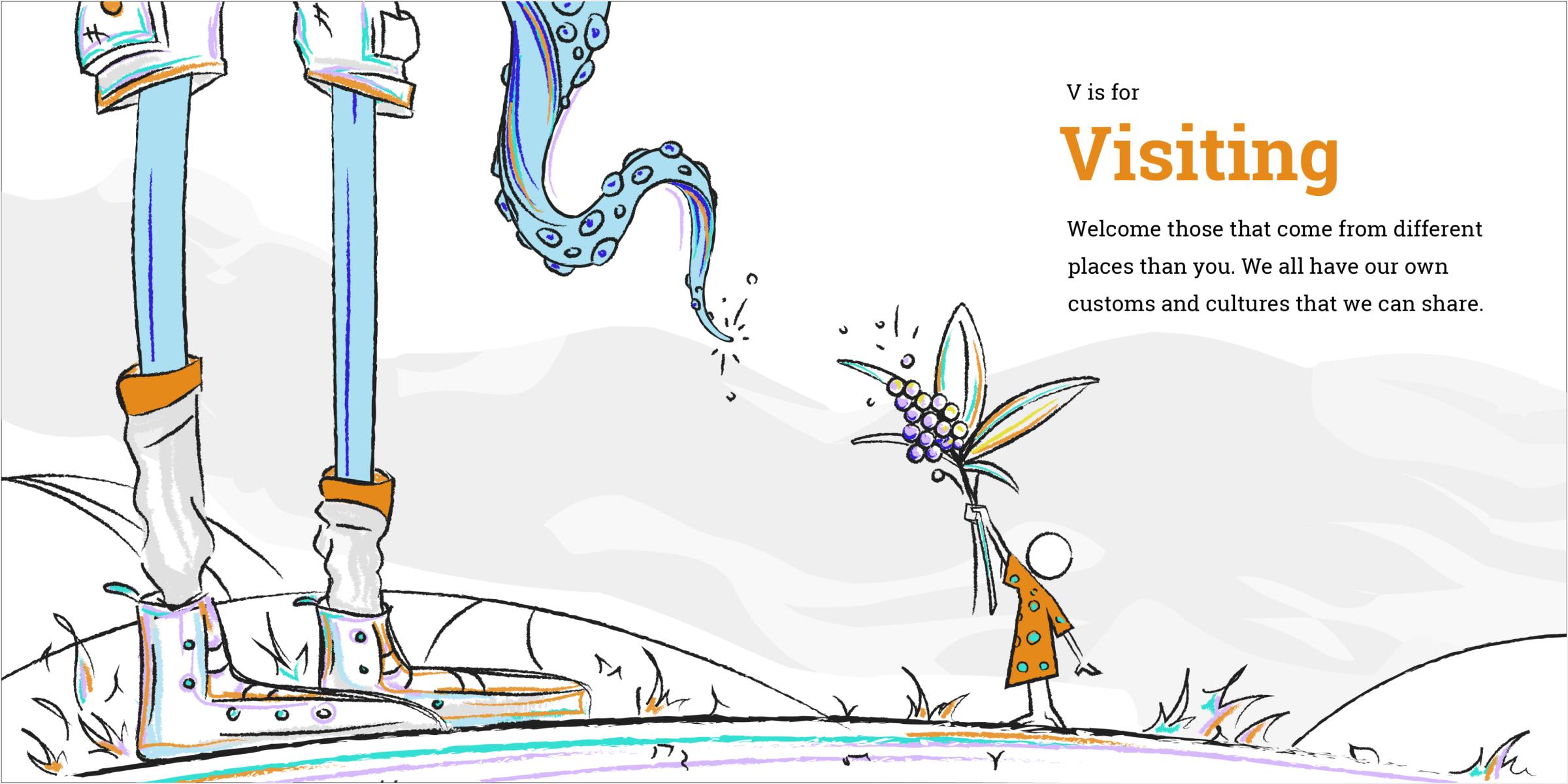 Mockup of visiting spread. A child reaches to offer a gift to the tentacle creature.