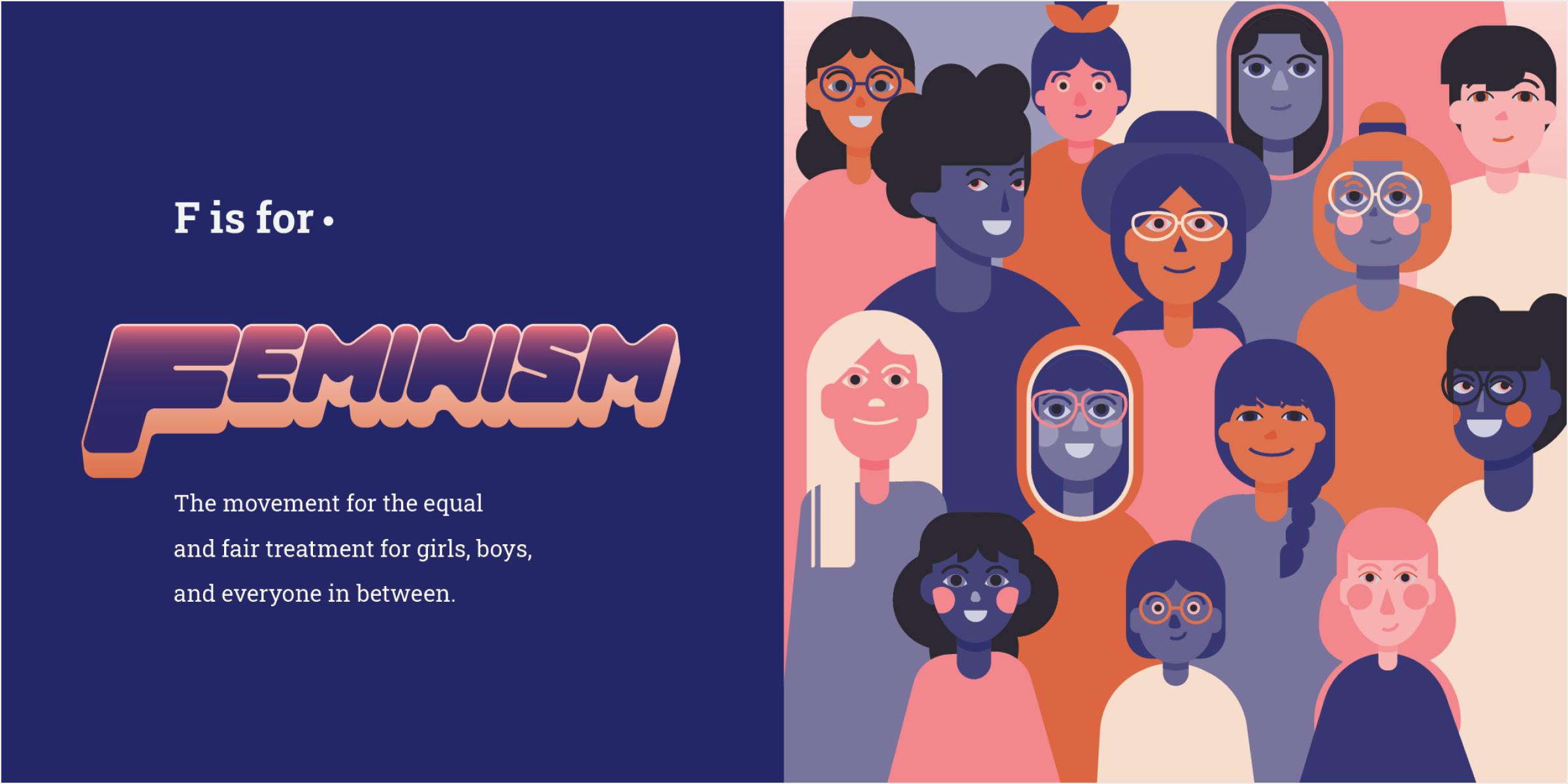 Feminism spread in a book. Several girls stand together to advocate women's rights. Feminism spread in a book. Several girls stand together to advocate women's rights.