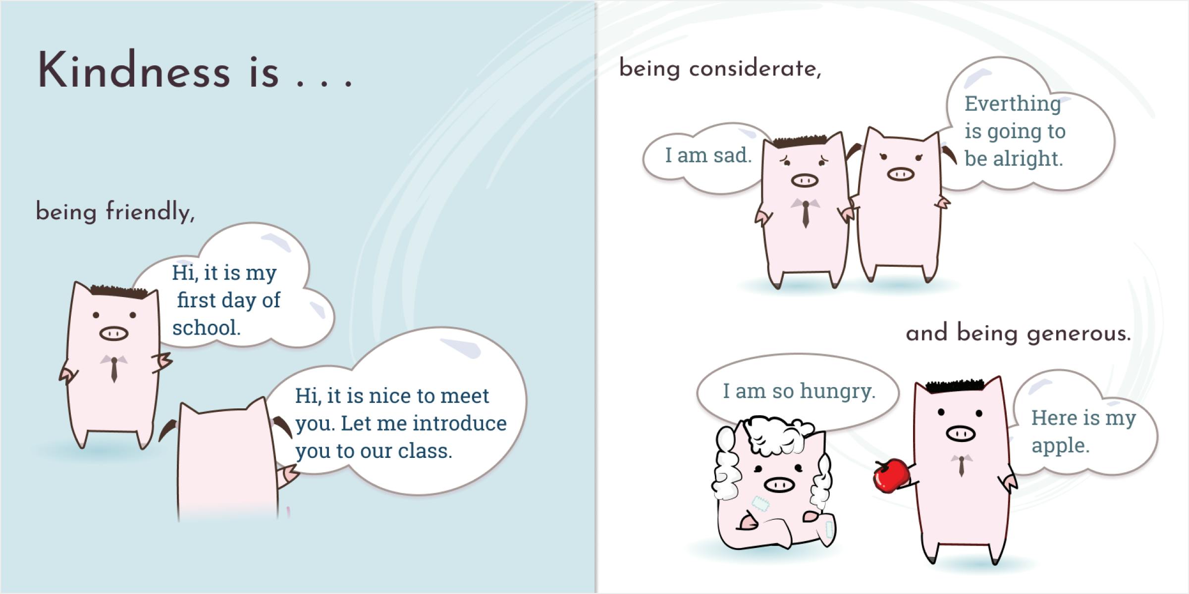 Illustrations of pigs depicting a scenario of kindness