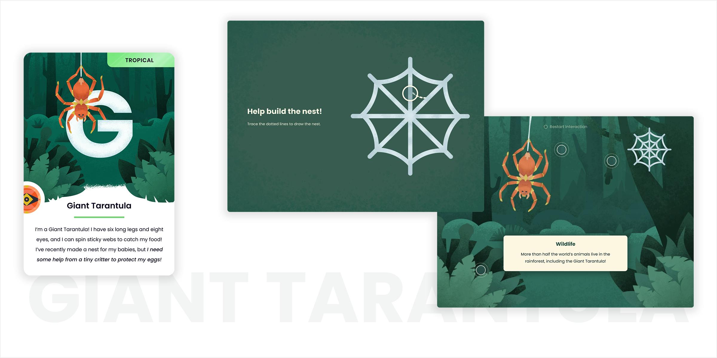 Giant Tarantula card and interaction screens