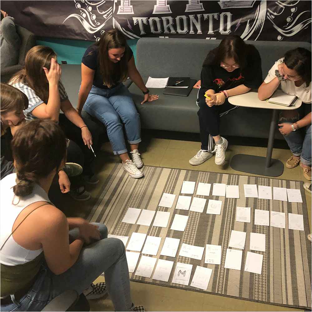 Students sitting around some cards on the ground