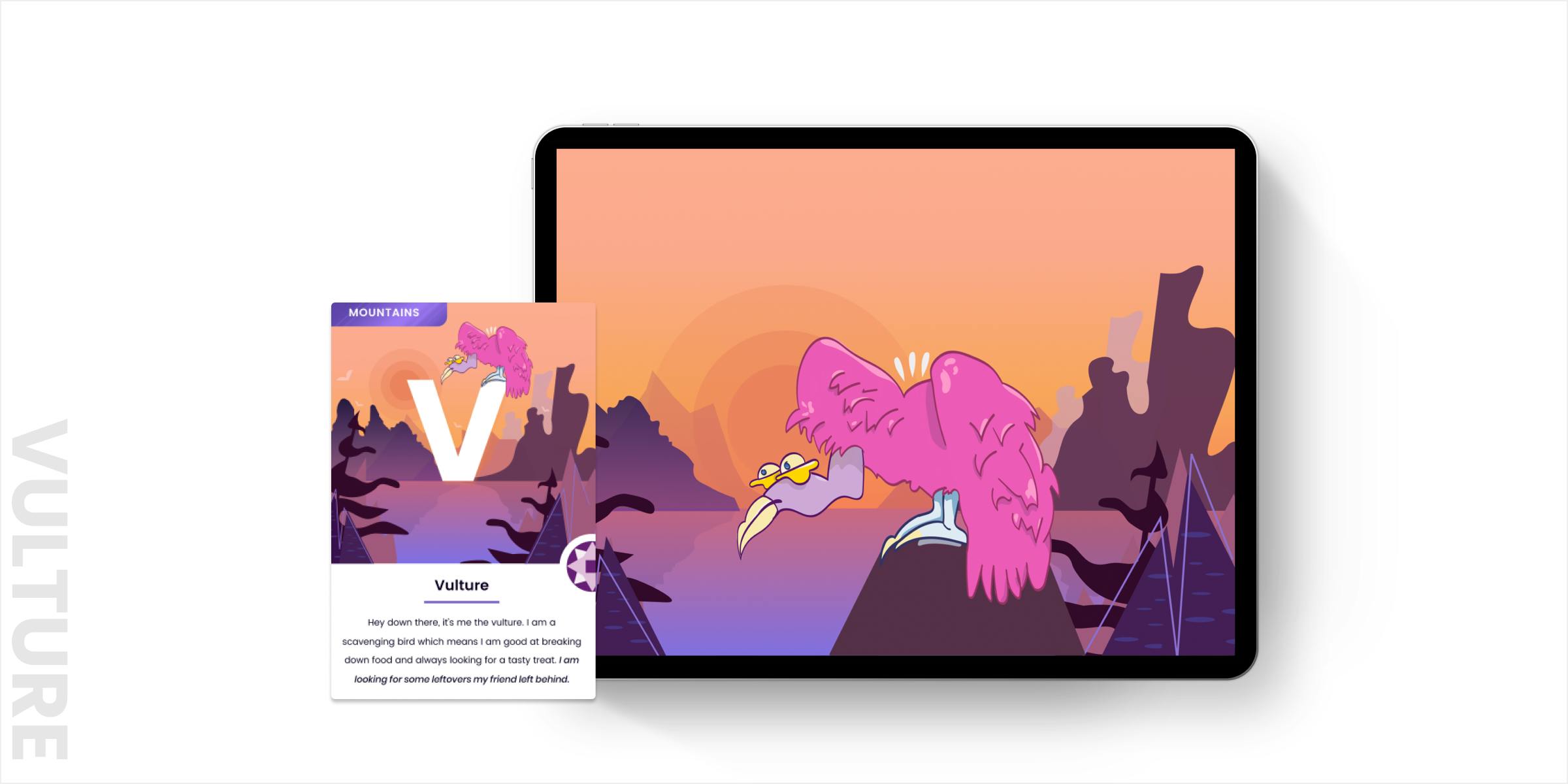 Mockup of vulture interaction in an iPad and printed card next to it. The vulture is sitting on top of a mountain behind a sunset looking for food.