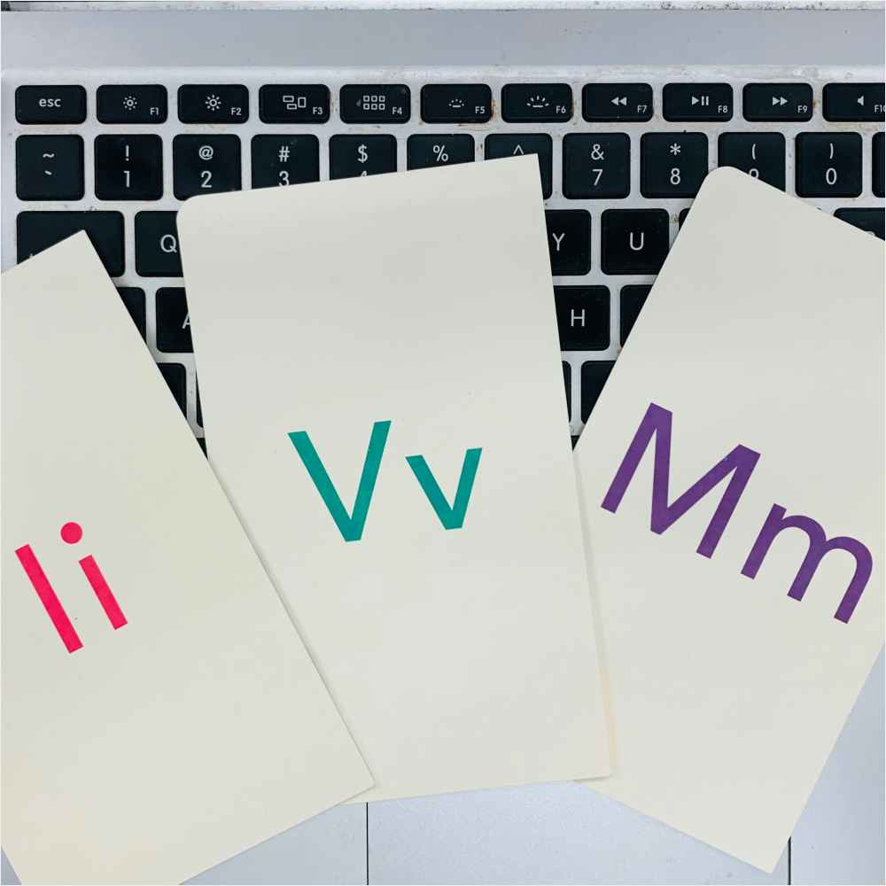 Hand holding cards with letters I, M, and V
