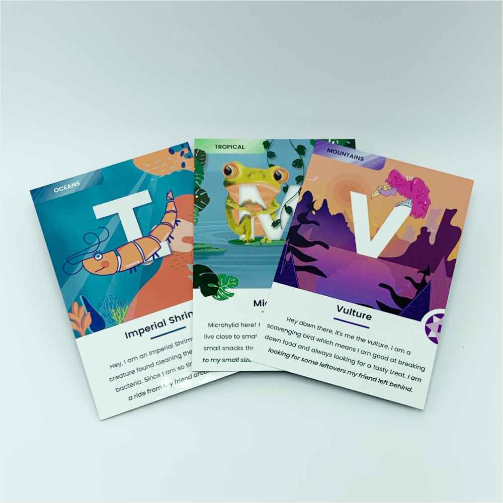 Printed cards I, M, V stacked on a white background. Printed cards I, M, V stacked on a white background.