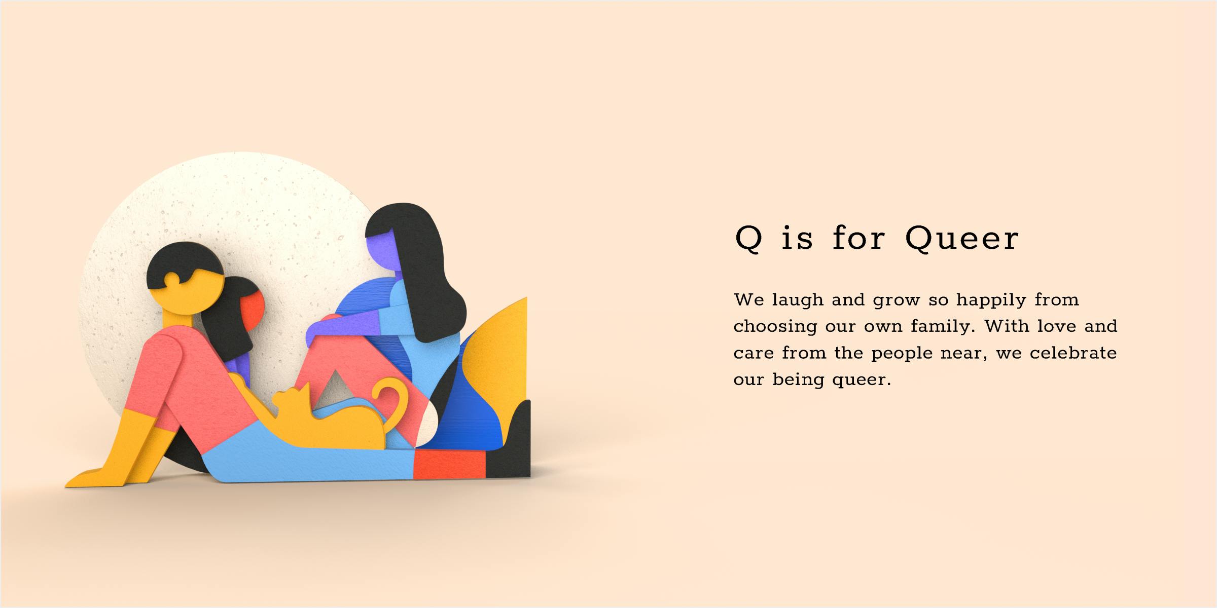 Composition of the Queer spread made in Illustrator. Three friends are hanging out while their cat is looking at one of the friends. Composition of the Queer spread made in Illustrator. Three friends are hanging out while their cat is looking at one of the friends.
