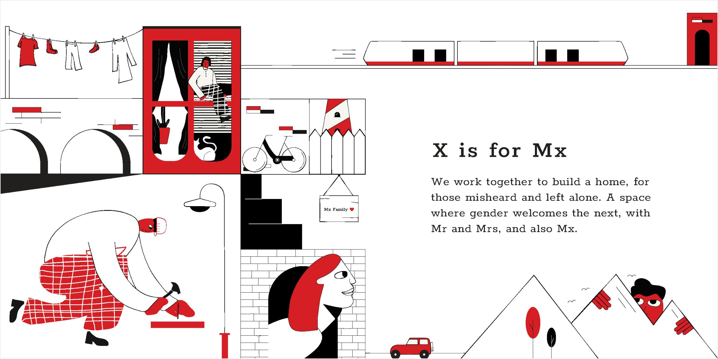 Composition of the Mx spread made in Illustrator. People work together to build a space and home that welcomes everyone.