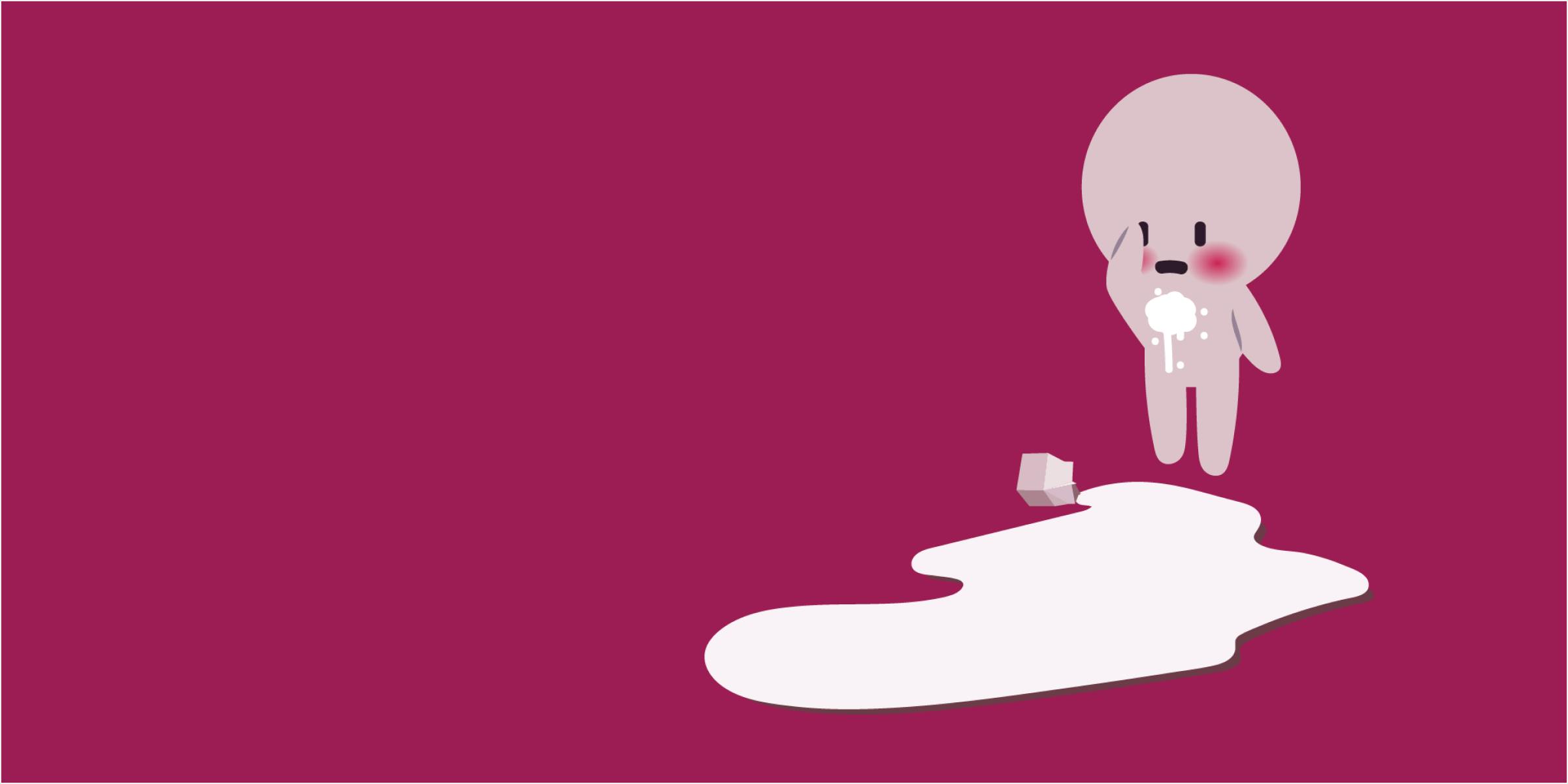 An illustration of a character who has spilled her milk and she looked embarrassed by it