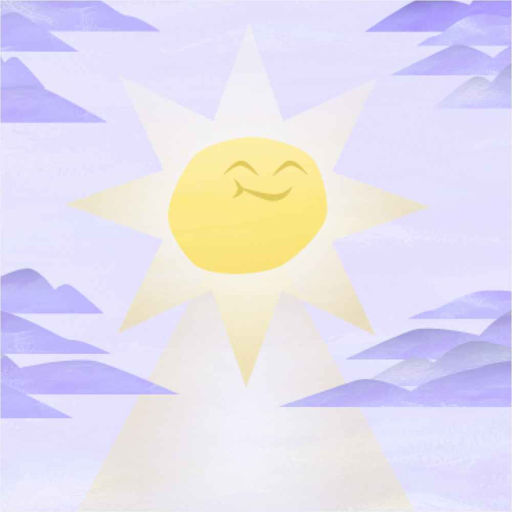 Original happy card back design; light yellow sun shining through lavender colored sky