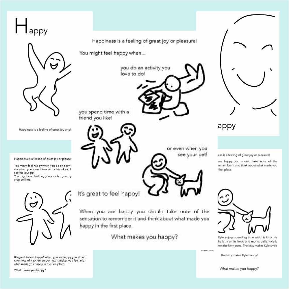 Early sketches for cards including smiling, jumping, and talking people along with early text samples