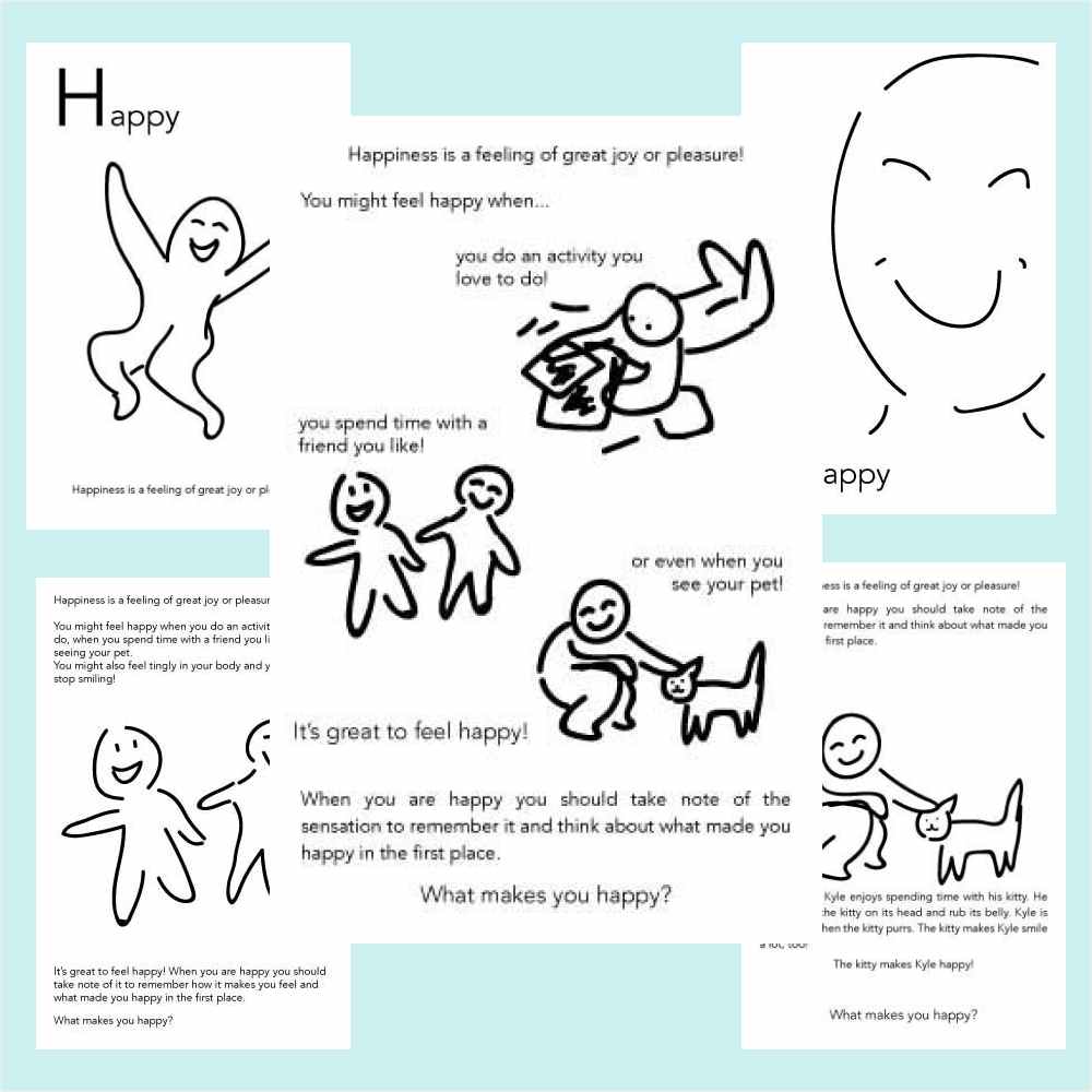 Early sketches for cards including smiling, jumping, and talking people along with early text samples Early sketches for cards including smiling, jumping, and talking people along with early text samples