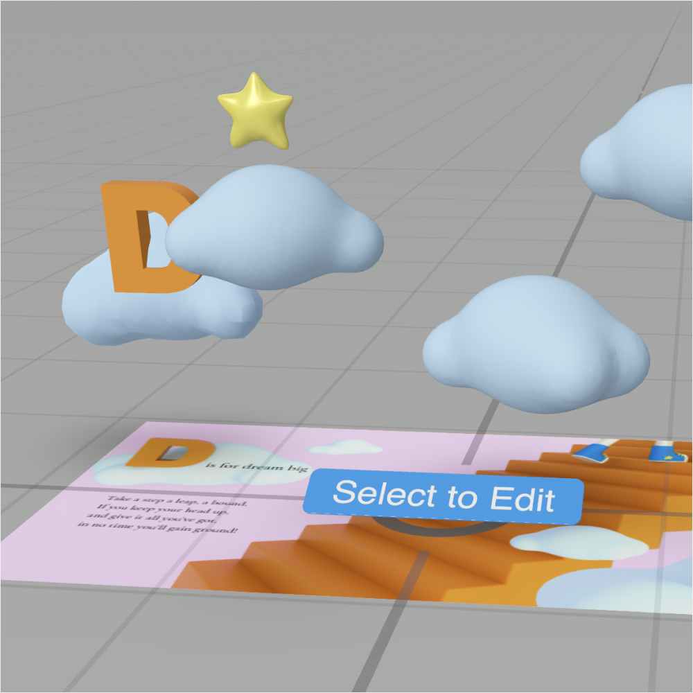 An in-process still of 3D modeled stairs surrounded by clouds for the letter “D”