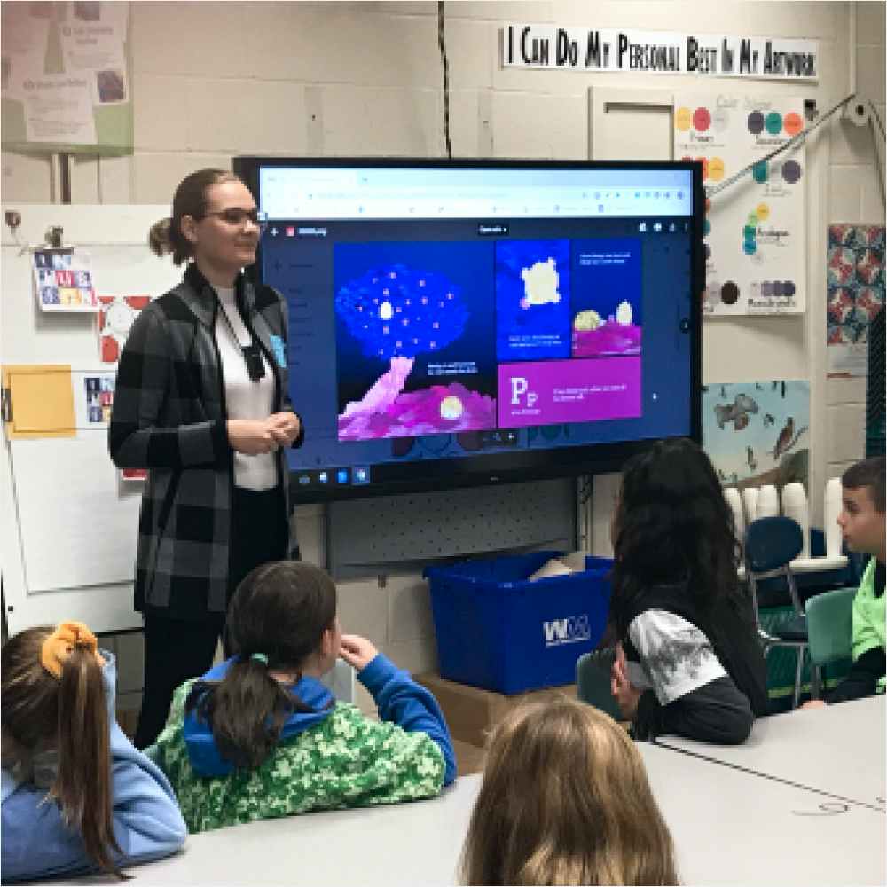 Women presenting to an elementary school art class