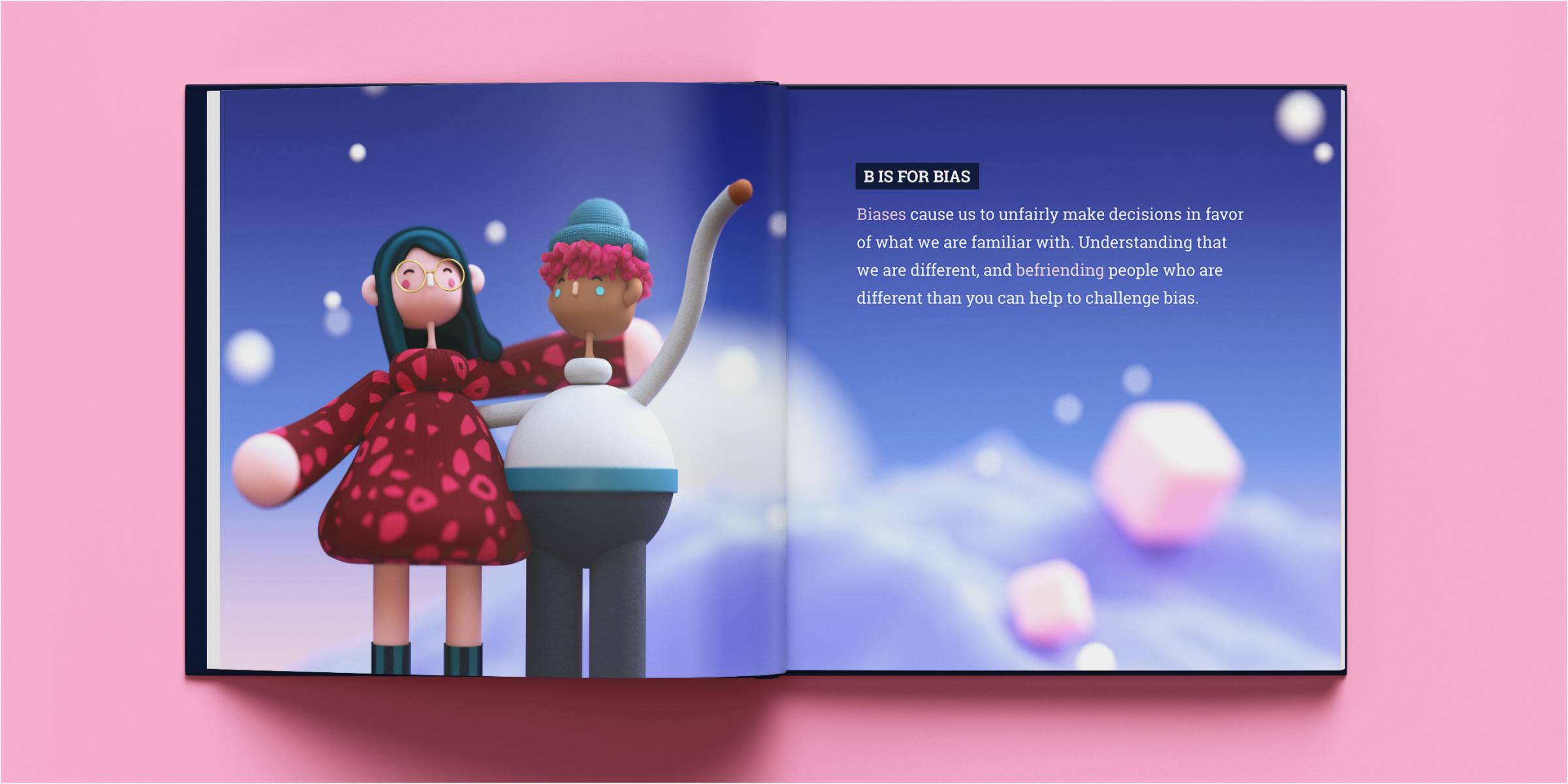 Mockup of bias spread in a book. Two happy 3D characters are arm in arm.