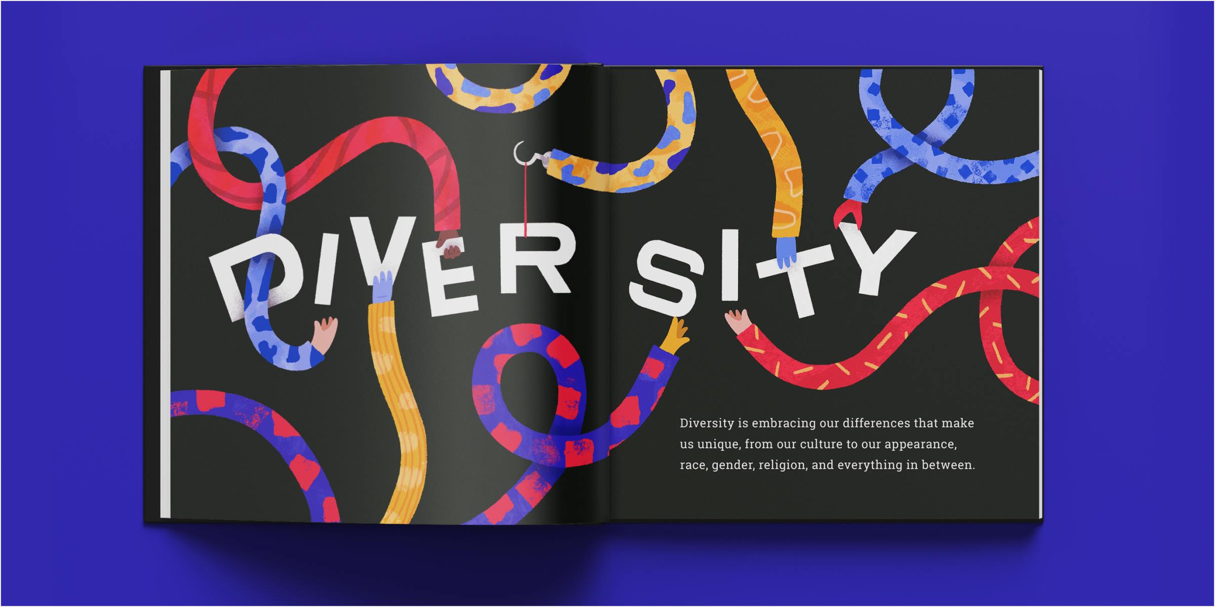 Mockup of diversity spread in a book. Several arms and hands work together to build the word “diversity”