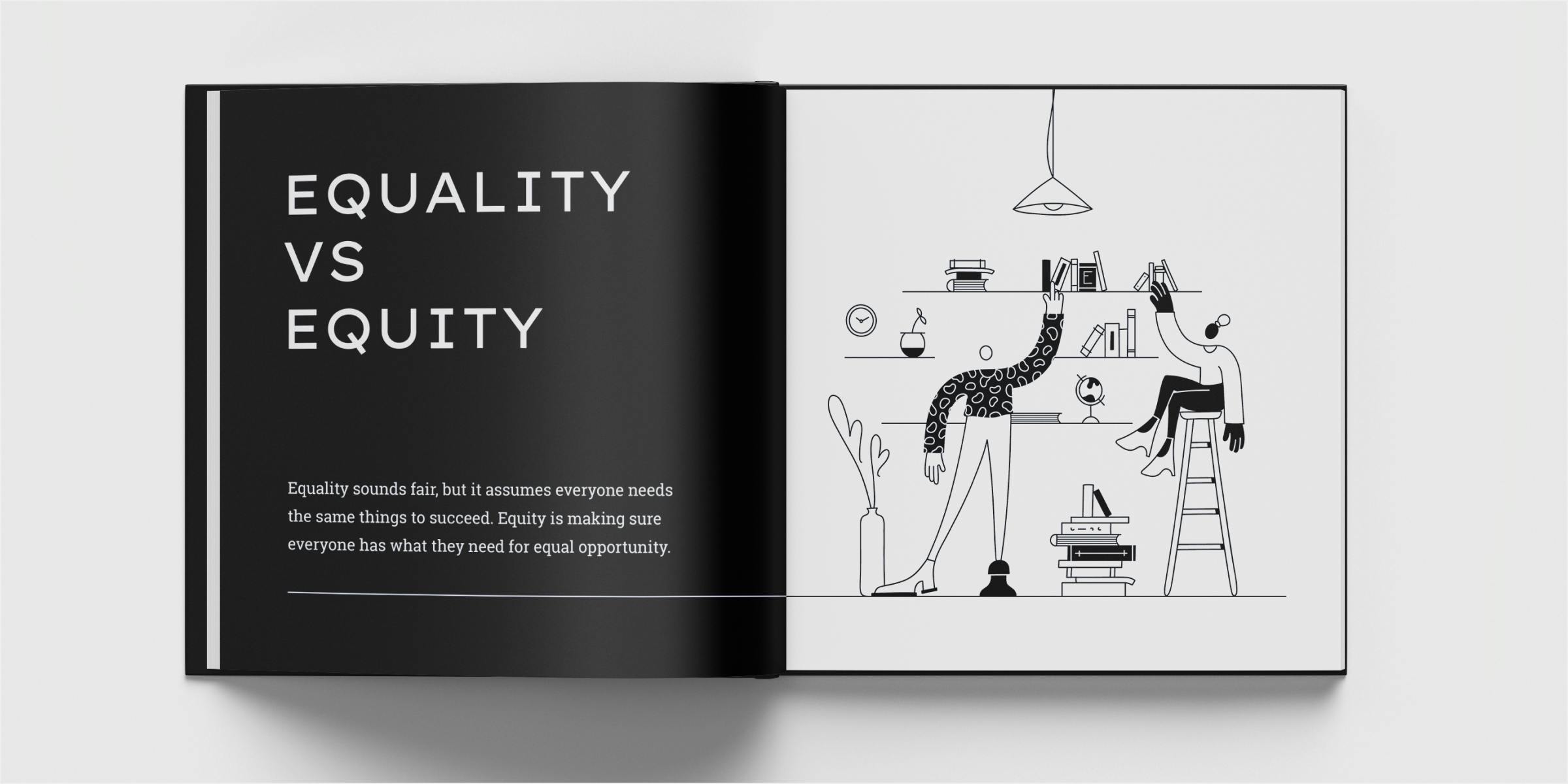 Mockup of equality versus equity spread in a book. A man reaches for a book on the top shelf and a woman sits on a stool to reach the top shelf.