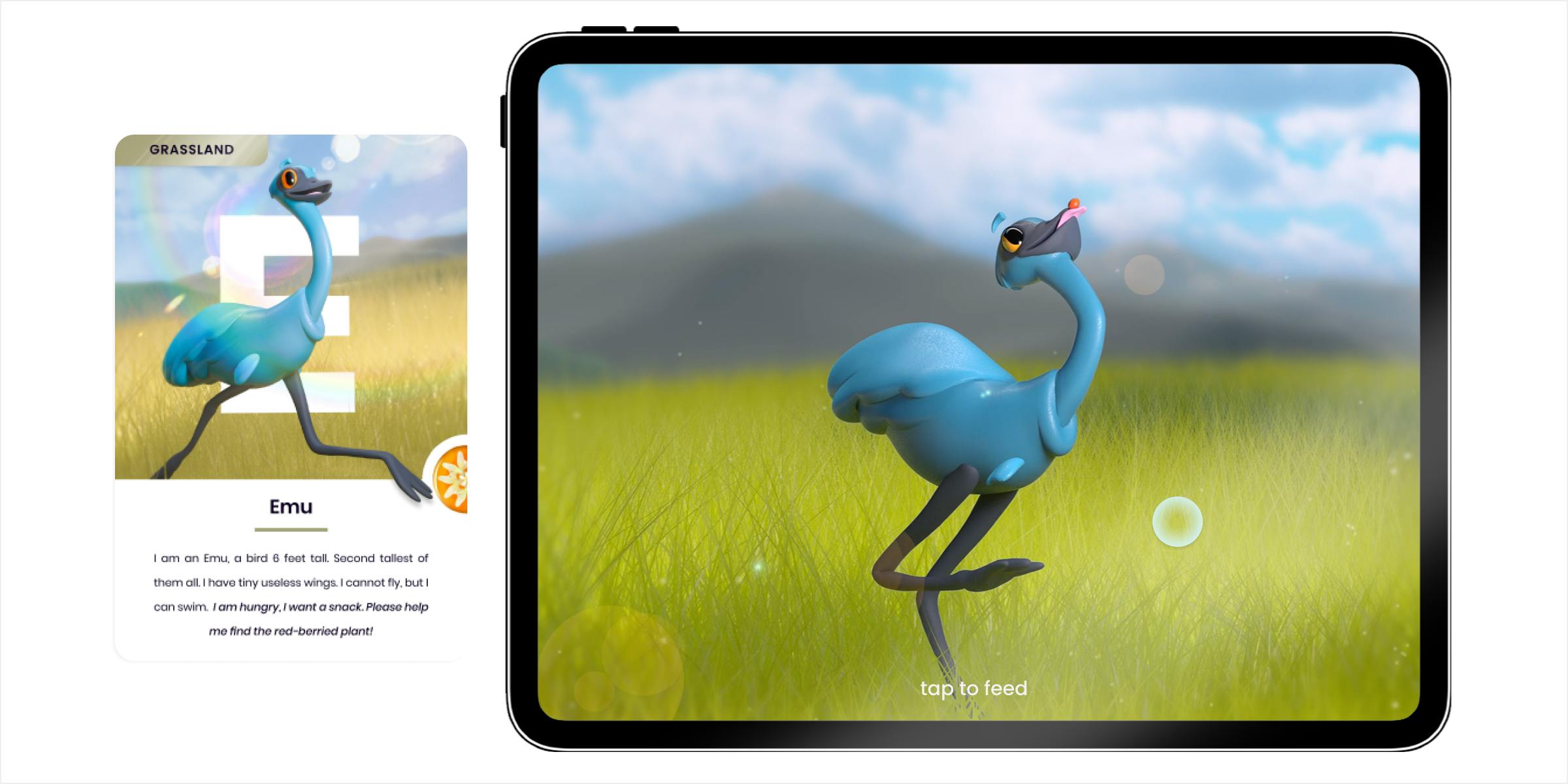 A playing card with an emu on it, and an iPad with an emu on the screen.
