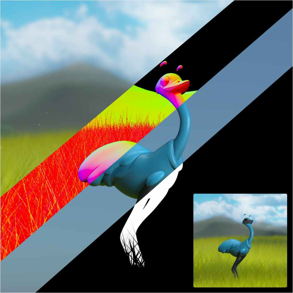 Emu image with different passes: background only, zdepth, emu only, emu alpha. Emu image with different passes: background only, zdepth, emu only, emu alpha.