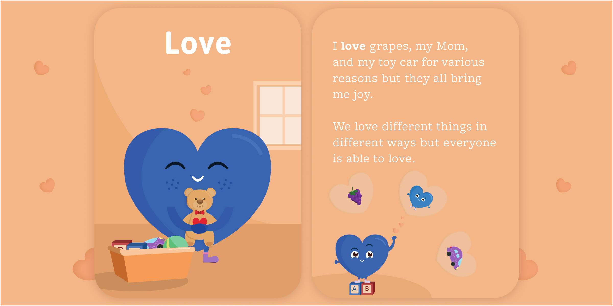 Front and back cards of the love emotion cards. Illustration of blue heart hugging teddy bear.