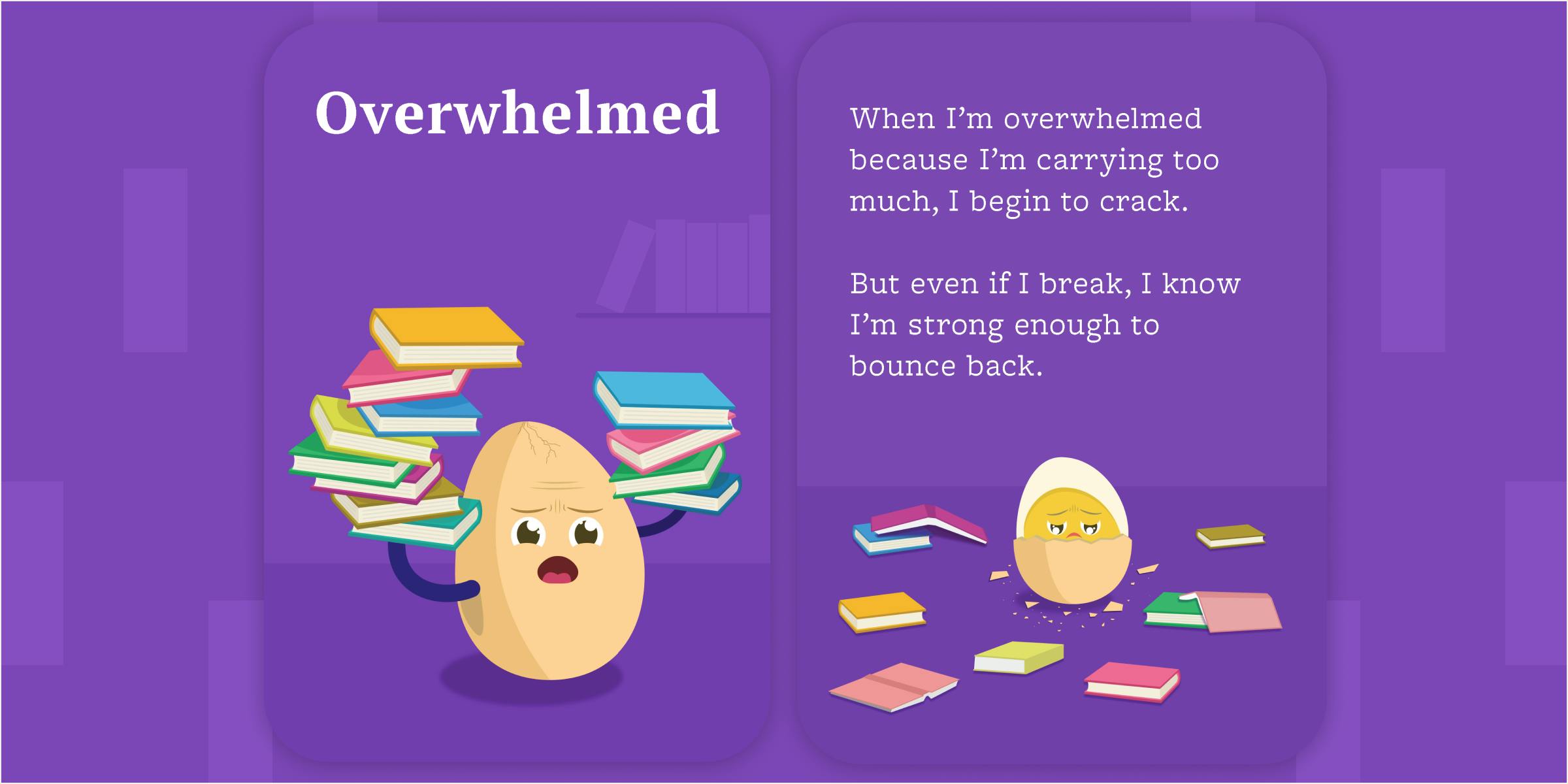 Front and back cards of the overwhelmed emotion cards. Egg character holding up a lot of books.