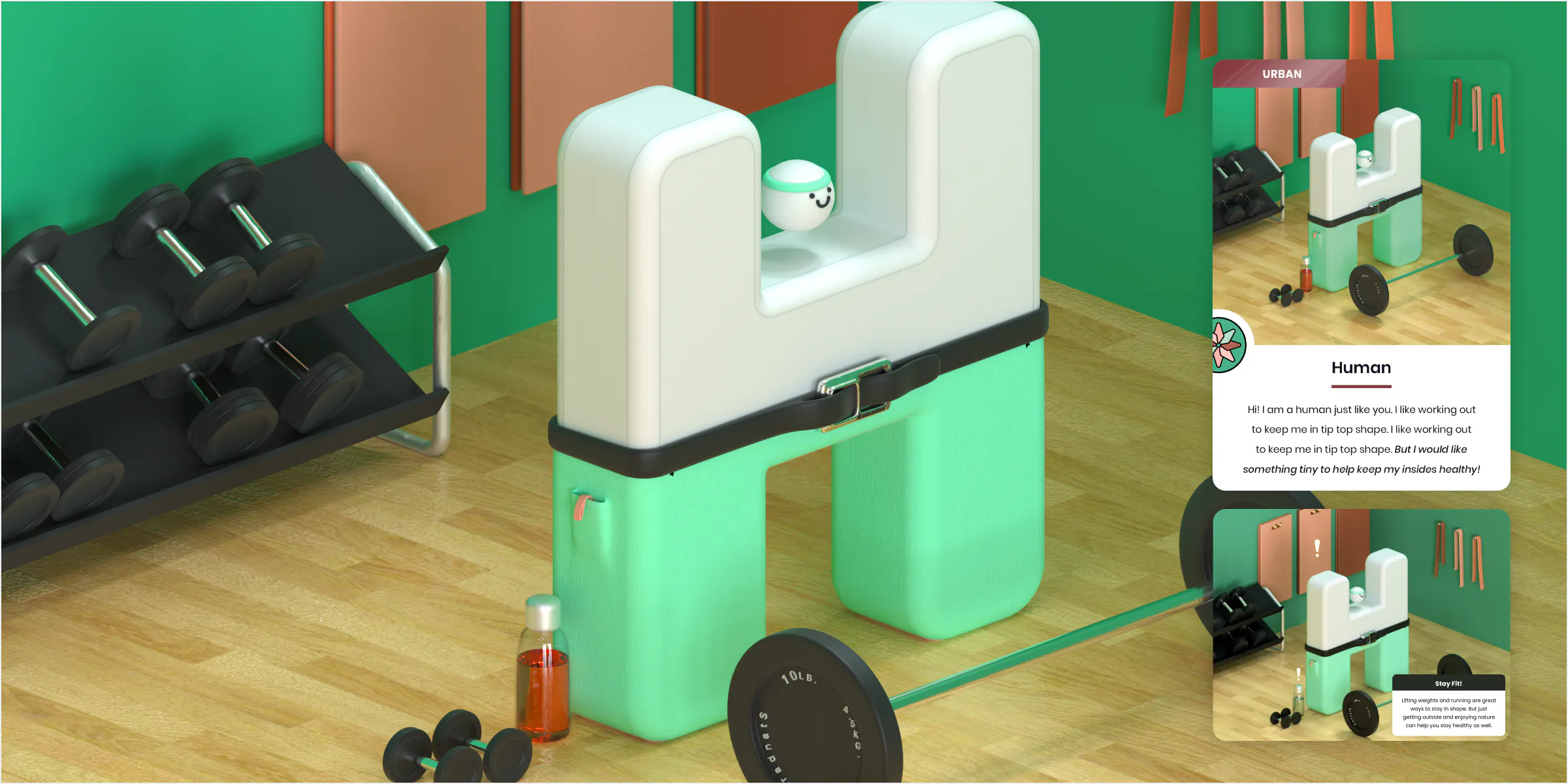 A close up of the illustration of the 3D modeled human in a gym environment with an example of the iPad interaction and print playing card.