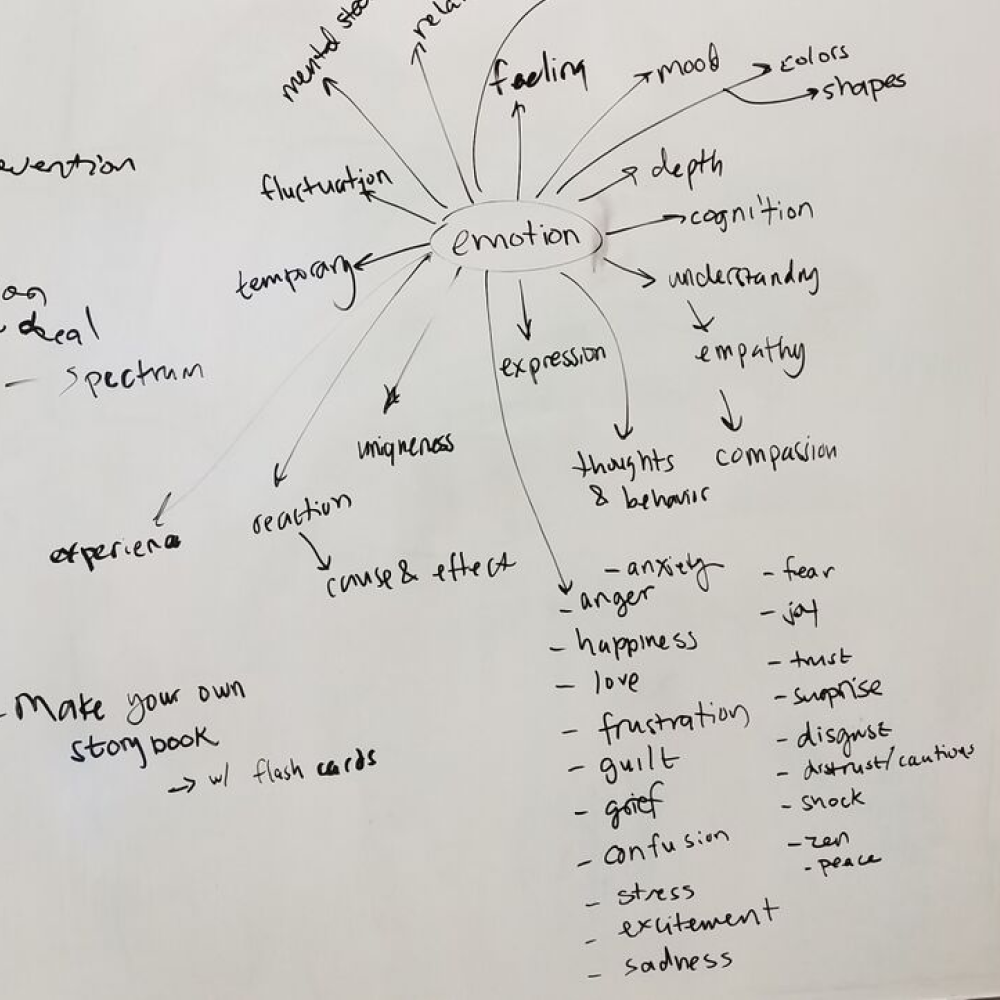 A whiteboard drawing of a mindmap with many words branching off from the central word, emotion