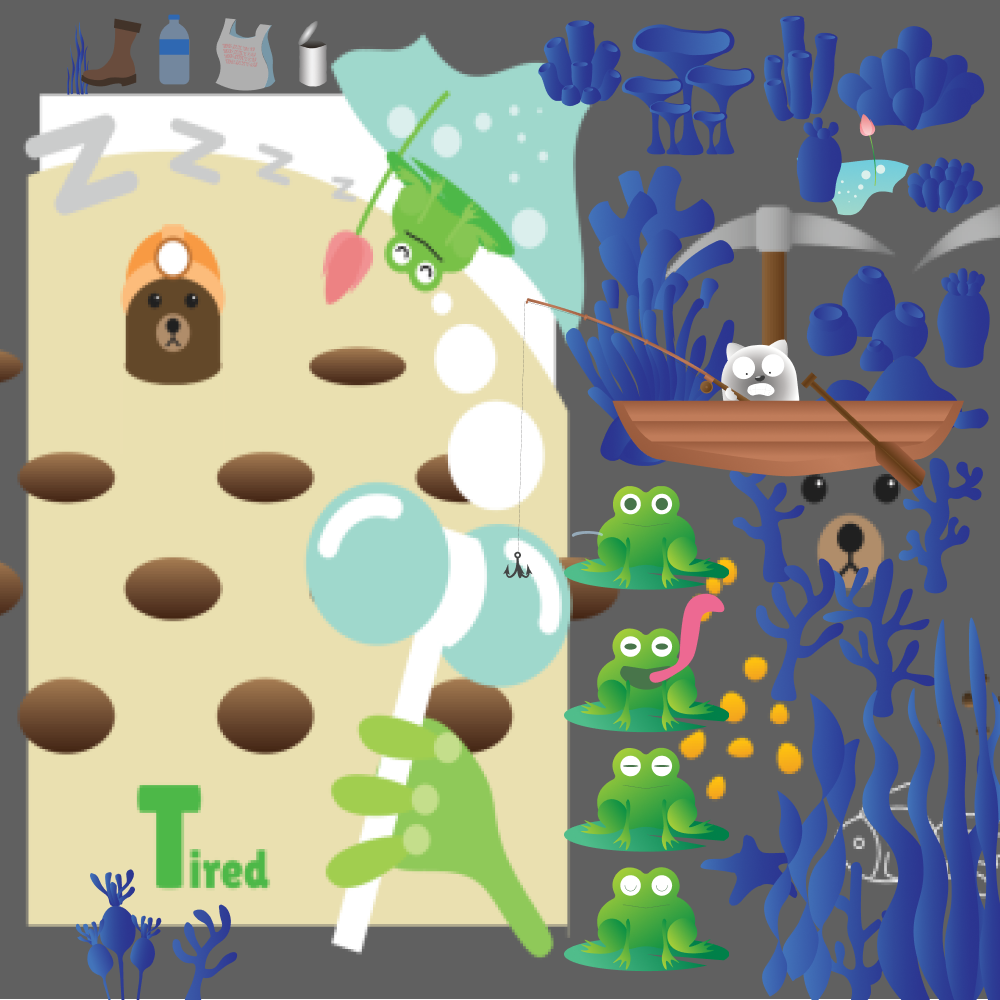 A mashup of assets including frogs, moles, and underwater seaweed