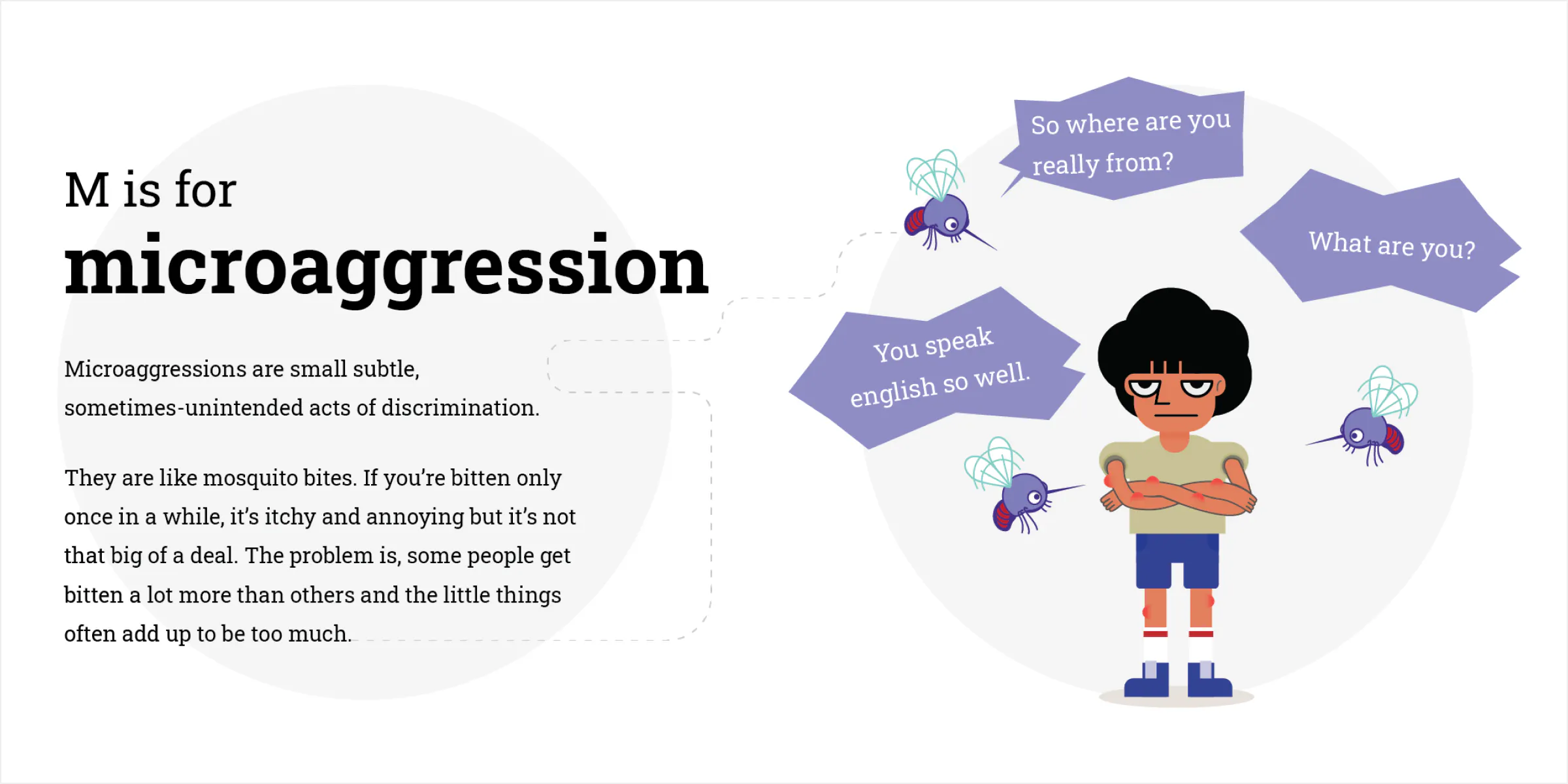 Microaggression spread in the book. A kid is harrased by mosquitos uttering microaggressions. 