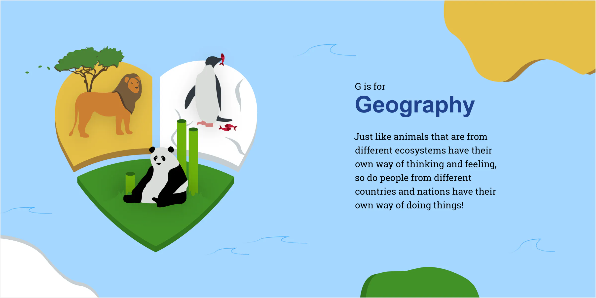 Mockup of geography spread in a book. Continents featuring different animals and habitats align to create a heart shape.