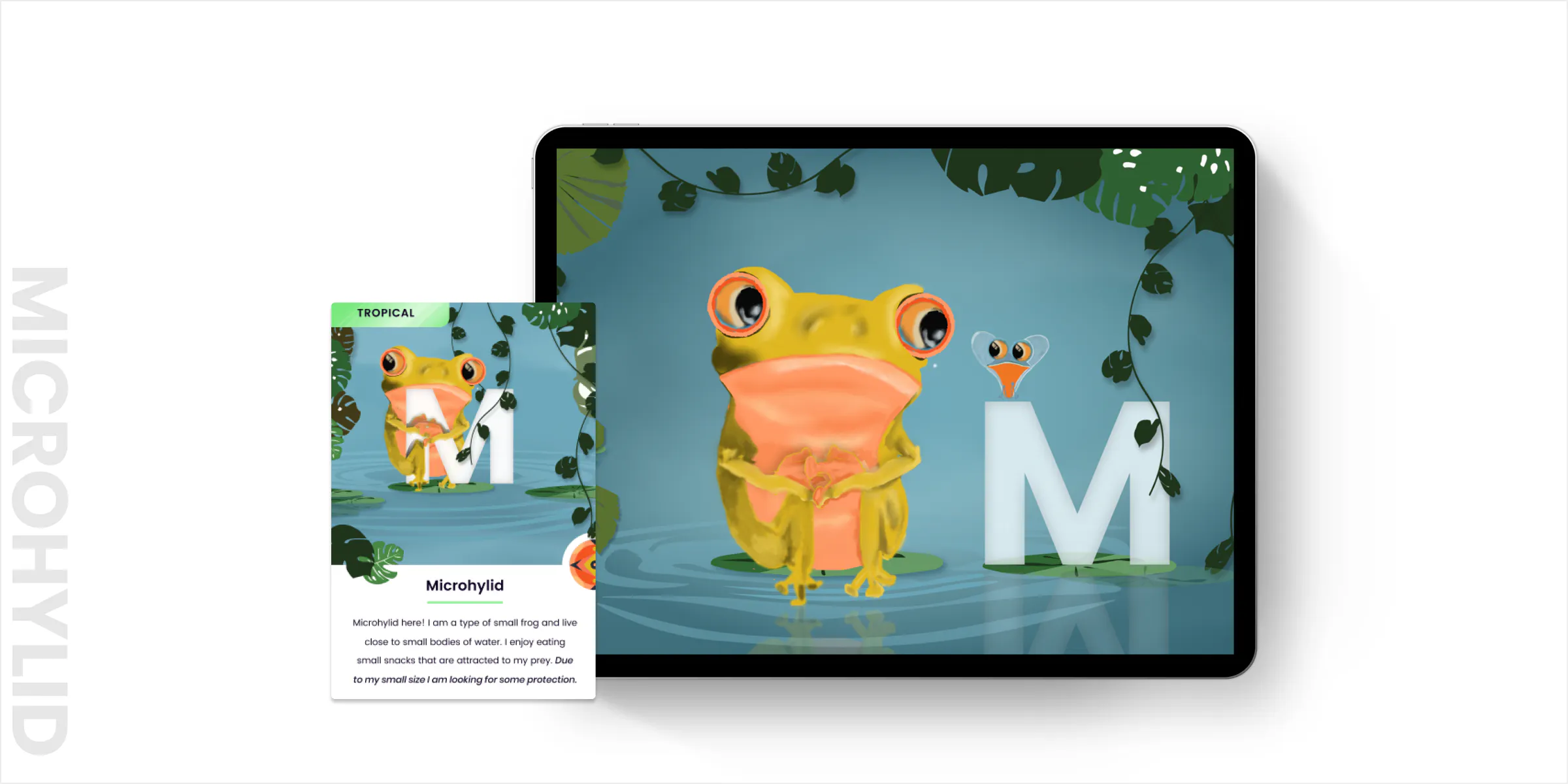 Mockup of microhylid interaction in an iPad and printed card next to it. The microhlid is looking around hiding behind the M looking for protection.