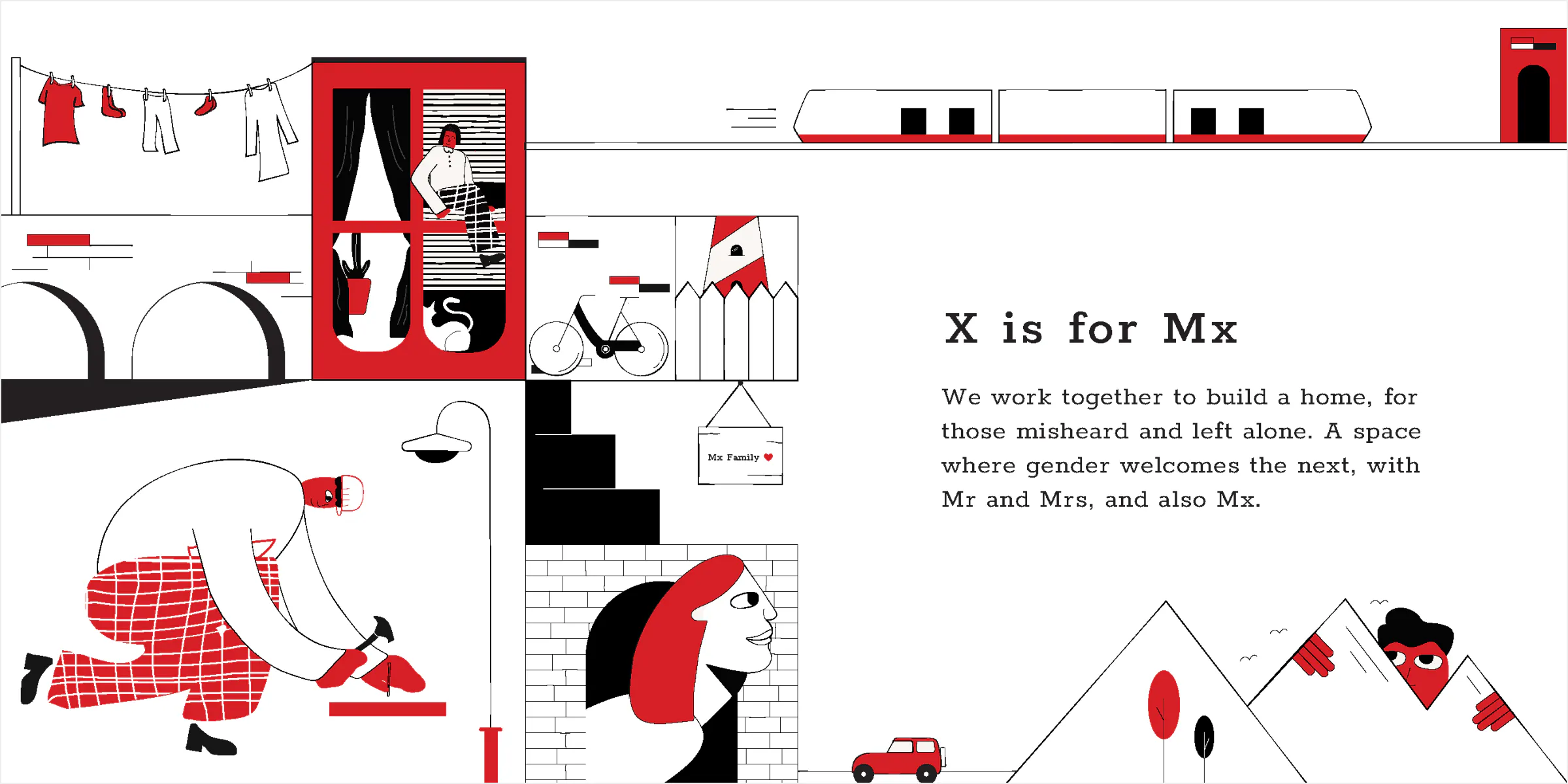 Composition of the Mx spread made in Illustrator. People work together to build a space and home that welcomes everyone.