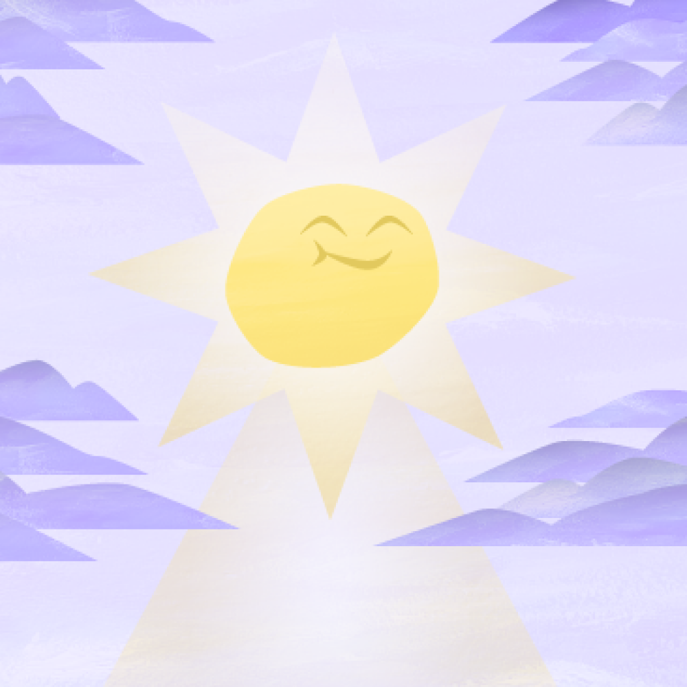 Original happy card back design; light yellow sun shining through lavender colored sky