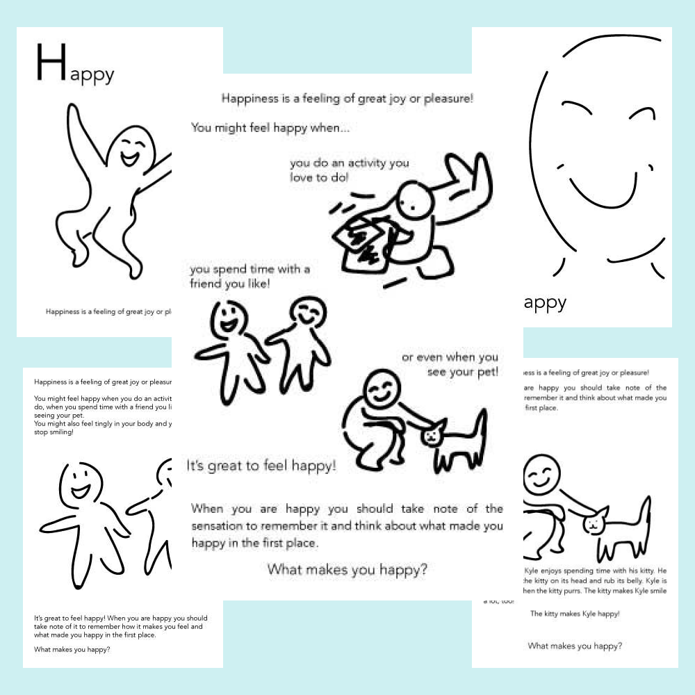 Early sketches for cards including smiling, jumping, and talking people along with early text samples